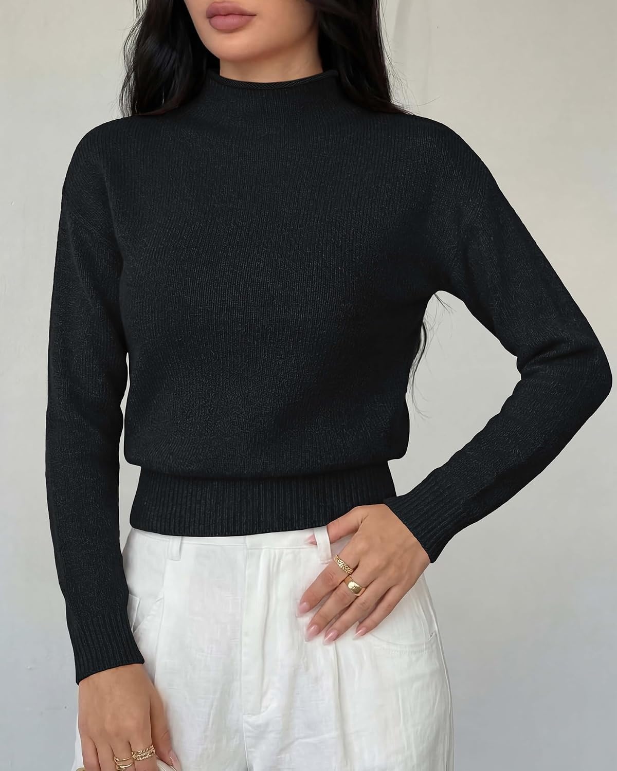 image:imageBTFBM Womens Long Sleeve Sweaters Mock Neck Tops Lightweight Knit Pullover SweaterBasic Classic Daily Wear 2026 Fall FashionWinter Layer ClothesBusiness Casual OutfitsBlack