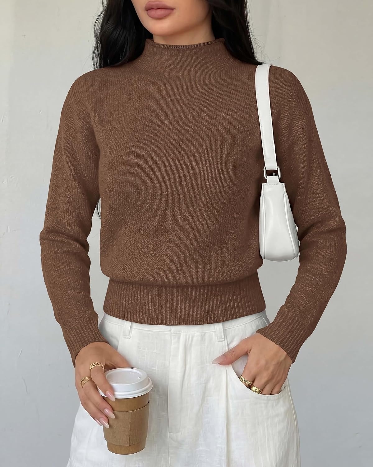 image:imageBTFBM Womens Long Sleeve Sweaters Mock Neck Tops Lightweight Knit Pullover SweaterBasic Classic Daily Wear 2026 Fall FashionWinter Layer ClothesBusiness Casual OutfitsBrown