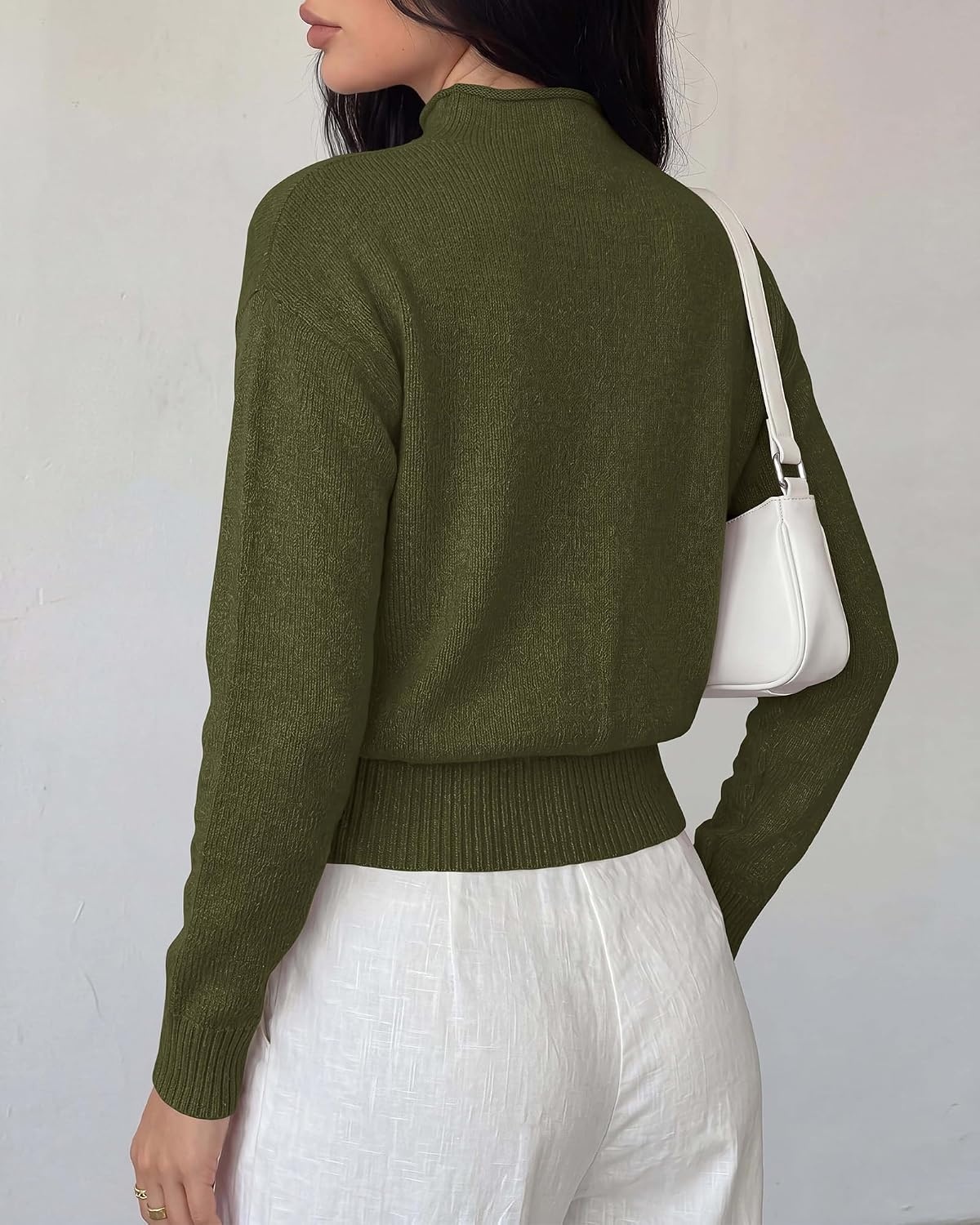 image:imageBTFBM Womens Long Sleeve Sweaters Mock Neck Tops Lightweight Knit Pullover SweaterBasic Classic Daily Wear 2026 Fall FashionWinter Layer ClothesBusiness Casual OutfitsArmy Green