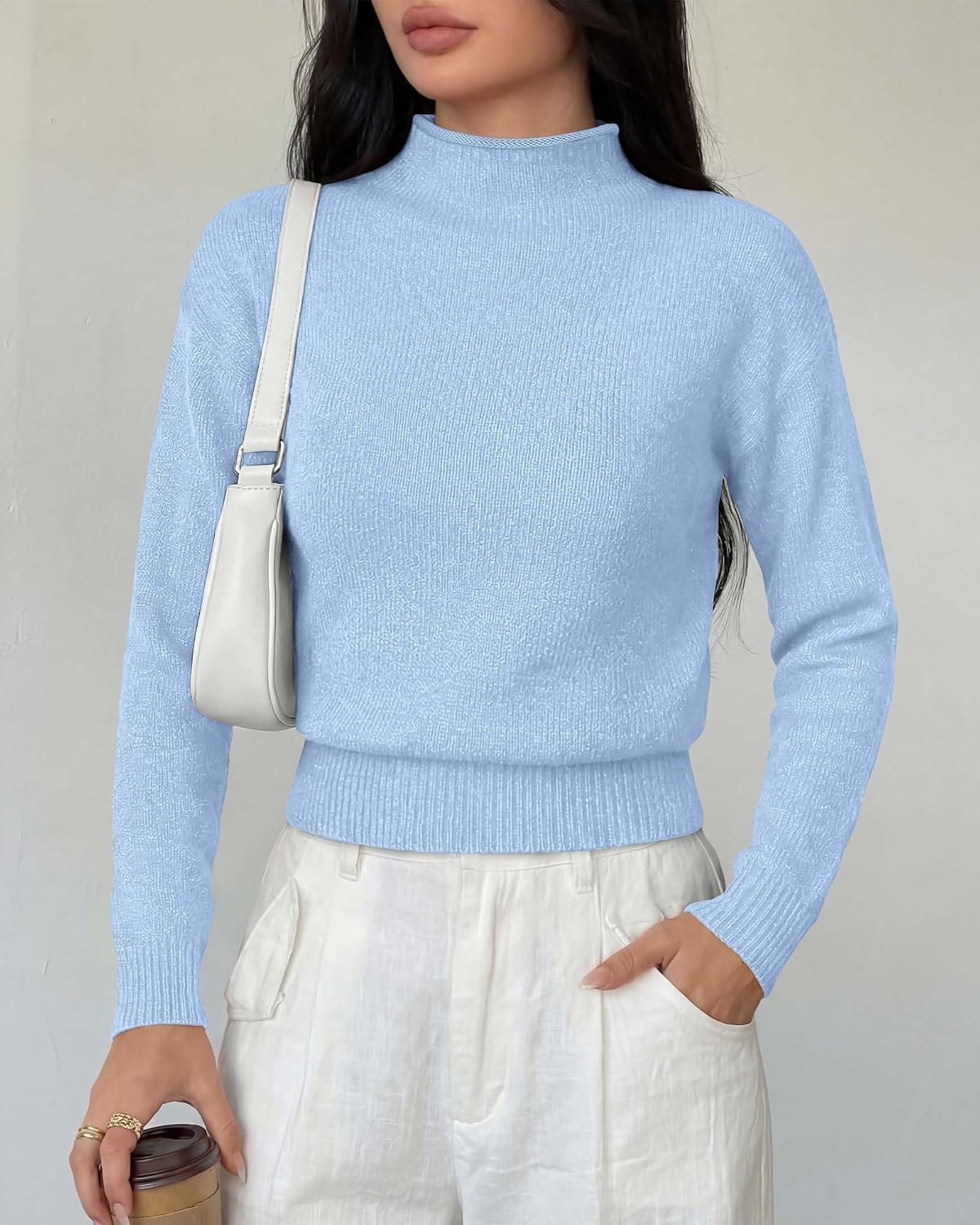 image:imageBTFBM Womens Long Sleeve Sweaters Mock Neck Tops Lightweight Knit Pullover SweaterBasic Classic Daily Wear 2026 Fall FashionWinter Layer ClothesBusiness Casual OutfitsBlue