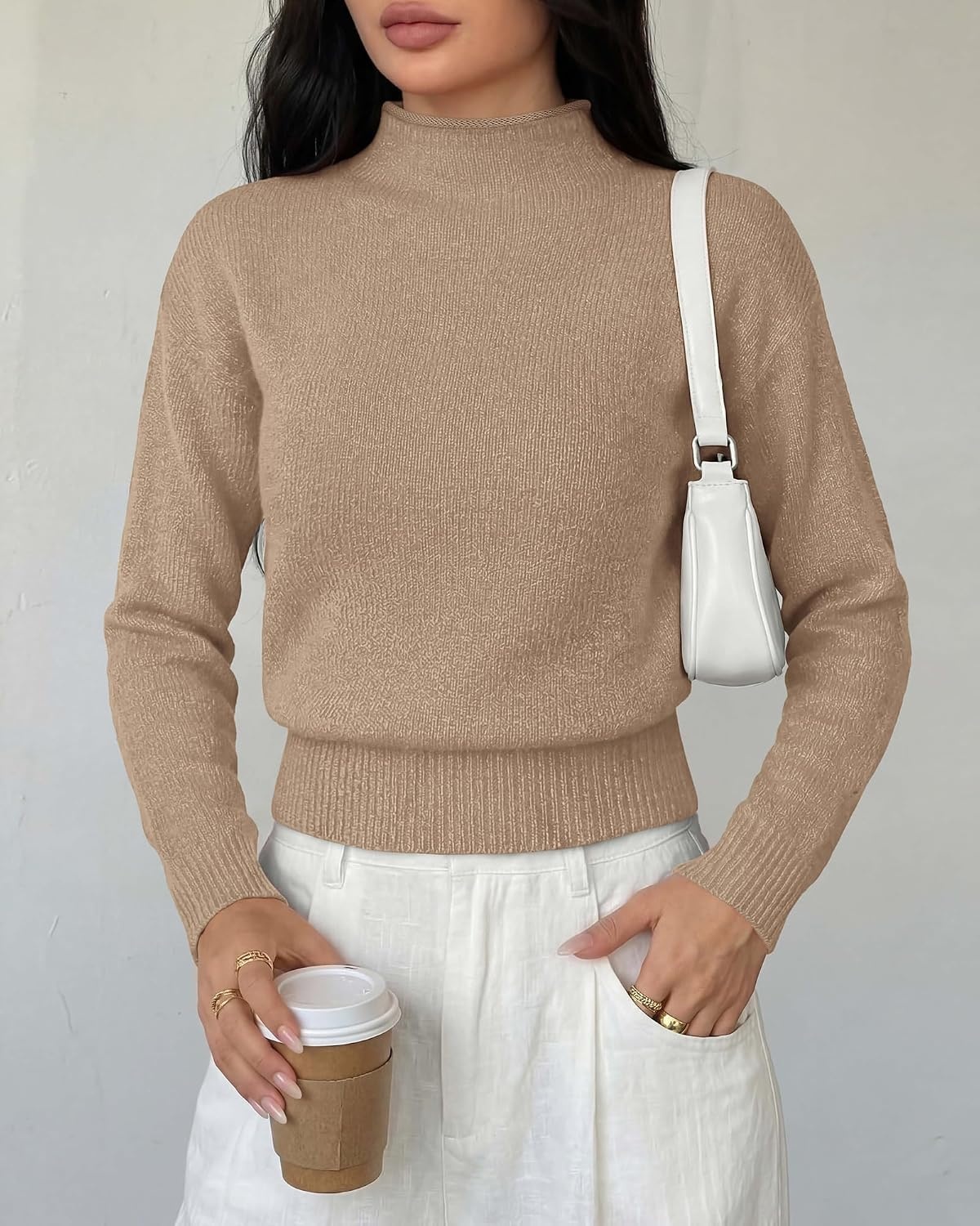 image:imageBTFBM Womens Long Sleeve Sweaters Mock Neck Tops Lightweight Knit Pullover SweaterBasic Classic Daily Wear 2026 Fall FashionWinter Layer ClothesBusiness Casual OutfitsKhaki