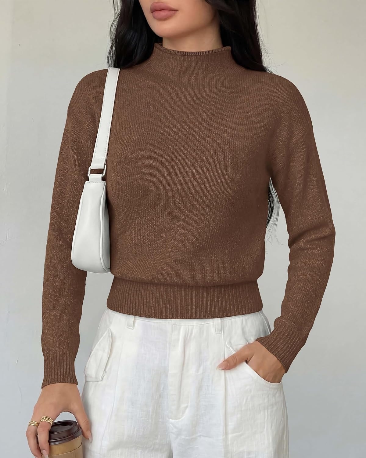 image:imageBTFBM Womens Long Sleeve Sweaters Mock Neck Tops Lightweight Knit Pullover SweaterBasic Classic Daily Wear 2026 Fall FashionWinter Layer ClothesBusiness Casual OutfitsBrown