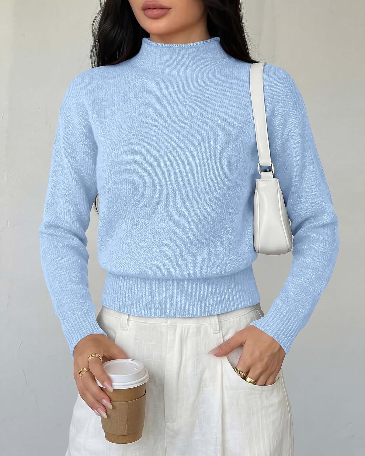 image:imageBTFBM Womens Long Sleeve Sweaters Mock Neck Tops Lightweight Knit Pullover SweaterBasic Classic Daily Wear 2026 Fall FashionWinter Layer ClothesBusiness Casual OutfitsBlue