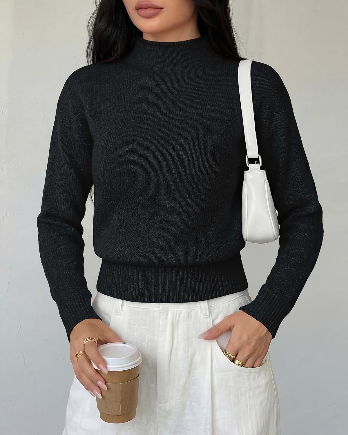 image:imageBTFBM Womens Long Sleeve Sweaters Mock Neck Tops Lightweight Knit Pullover SweaterBasic Classic Daily Wear 2026 Fall FashionWinter Layer ClothesBusiness Casual OutfitsBlack