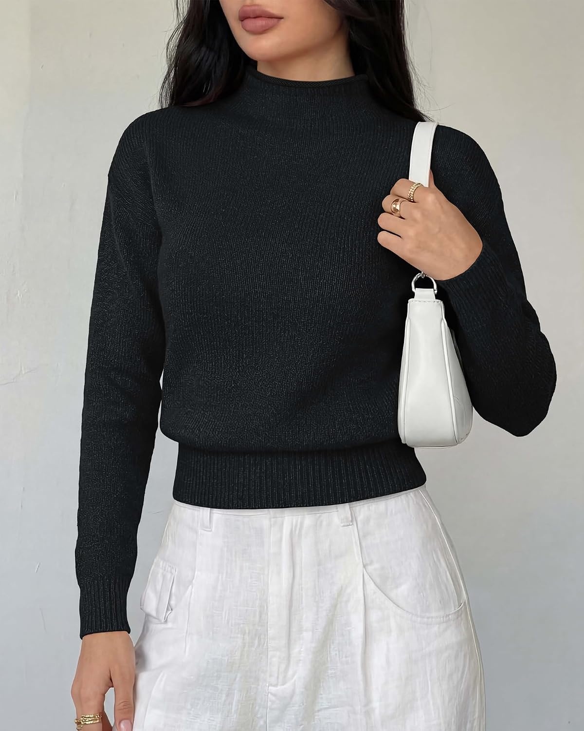 image:imageBTFBM Womens Long Sleeve Sweaters Mock Neck Tops Lightweight Knit Pullover SweaterBasic Classic Daily Wear 2026 Fall FashionWinter Layer ClothesBusiness Casual OutfitsBlack