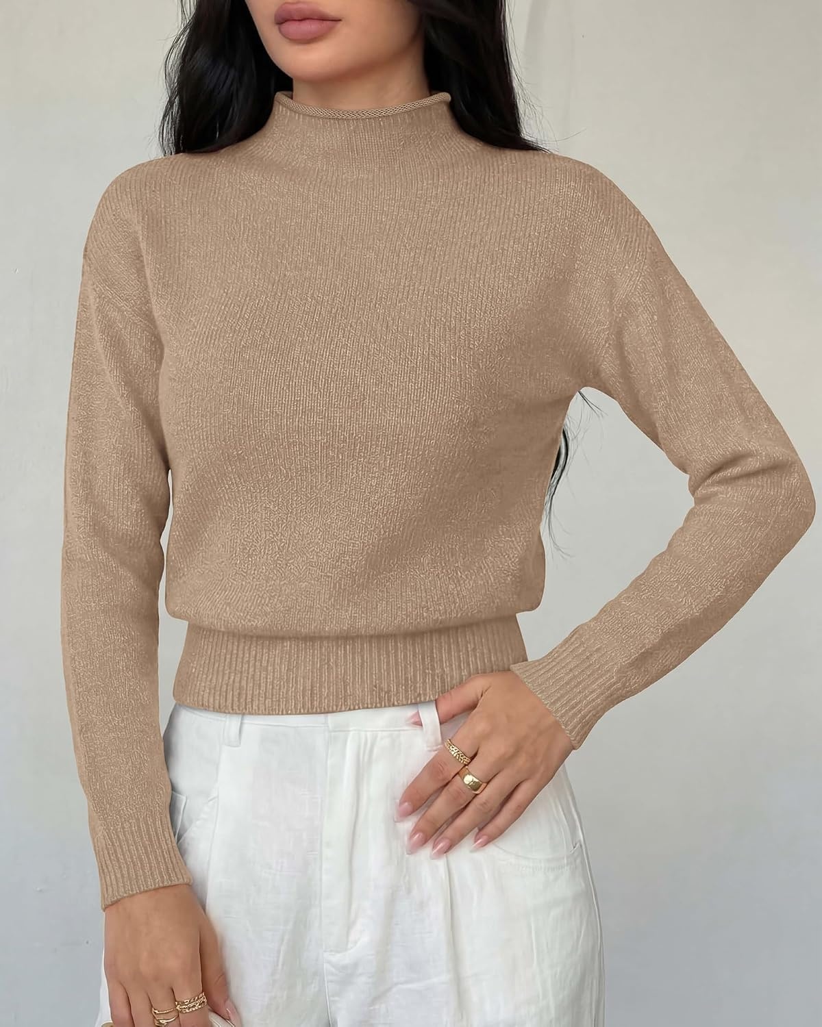 image:imageBTFBM Womens Long Sleeve Sweaters Mock Neck Tops Lightweight Knit Pullover SweaterBasic Classic Daily Wear 2026 Fall FashionWinter Layer ClothesBusiness Casual OutfitsKhaki