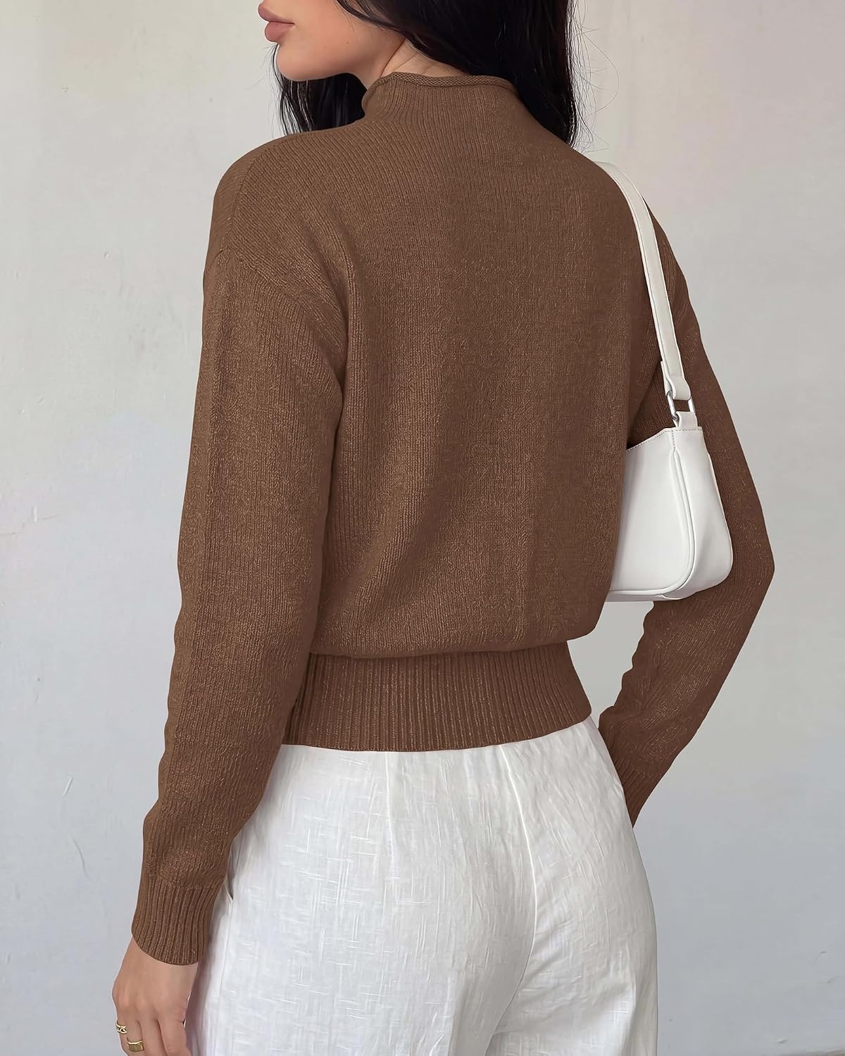 image:imageBTFBM Womens Long Sleeve Sweaters Mock Neck Tops Lightweight Knit Pullover SweaterBasic Classic Daily Wear 2026 Fall FashionWinter Layer ClothesBusiness Casual OutfitsBrown