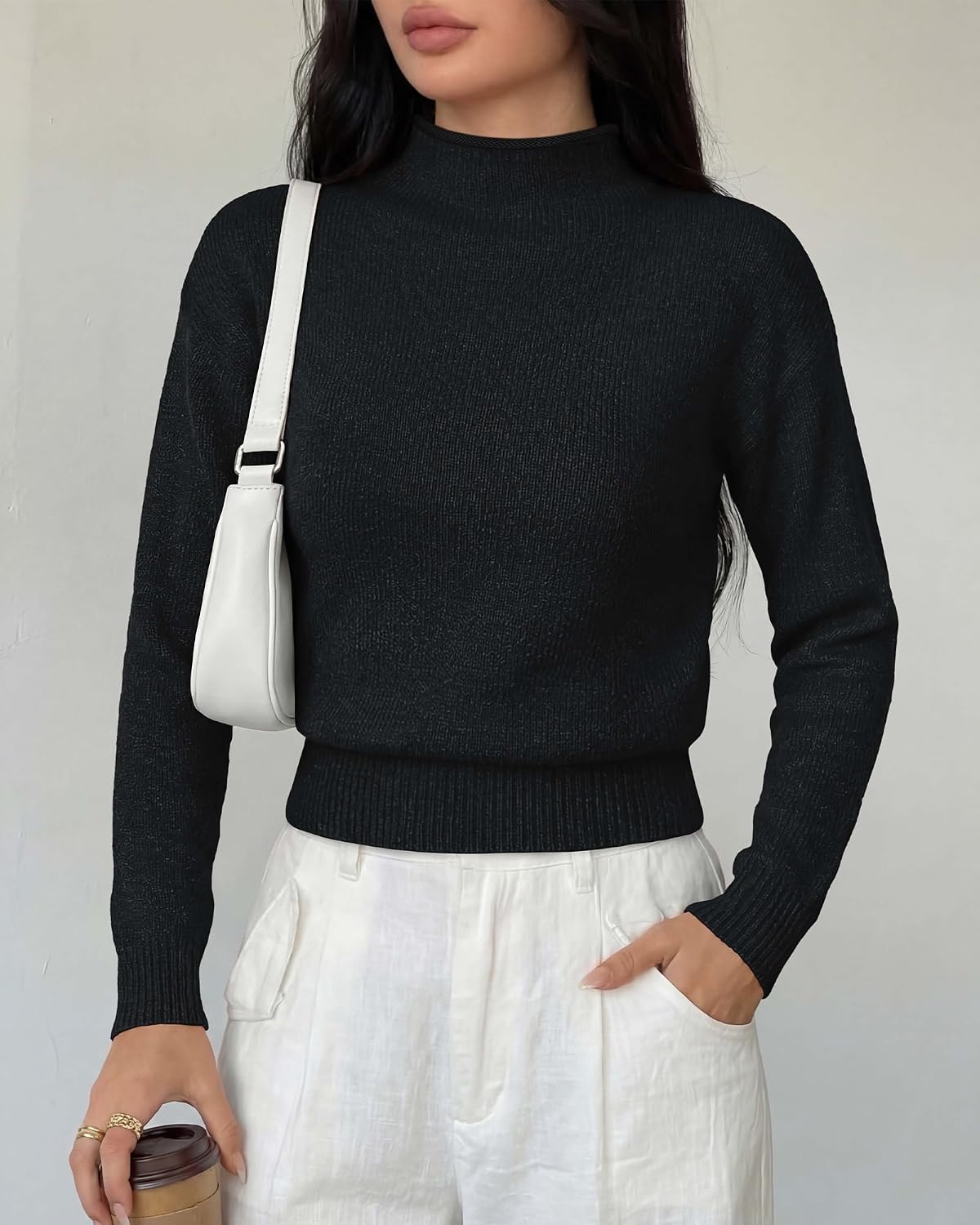 image:imageBTFBM Womens Long Sleeve Sweaters Mock Neck Tops Lightweight Knit Pullover SweaterBasic Classic Daily Wear 2026 Fall FashionWinter Layer ClothesBusiness Casual OutfitsBlack