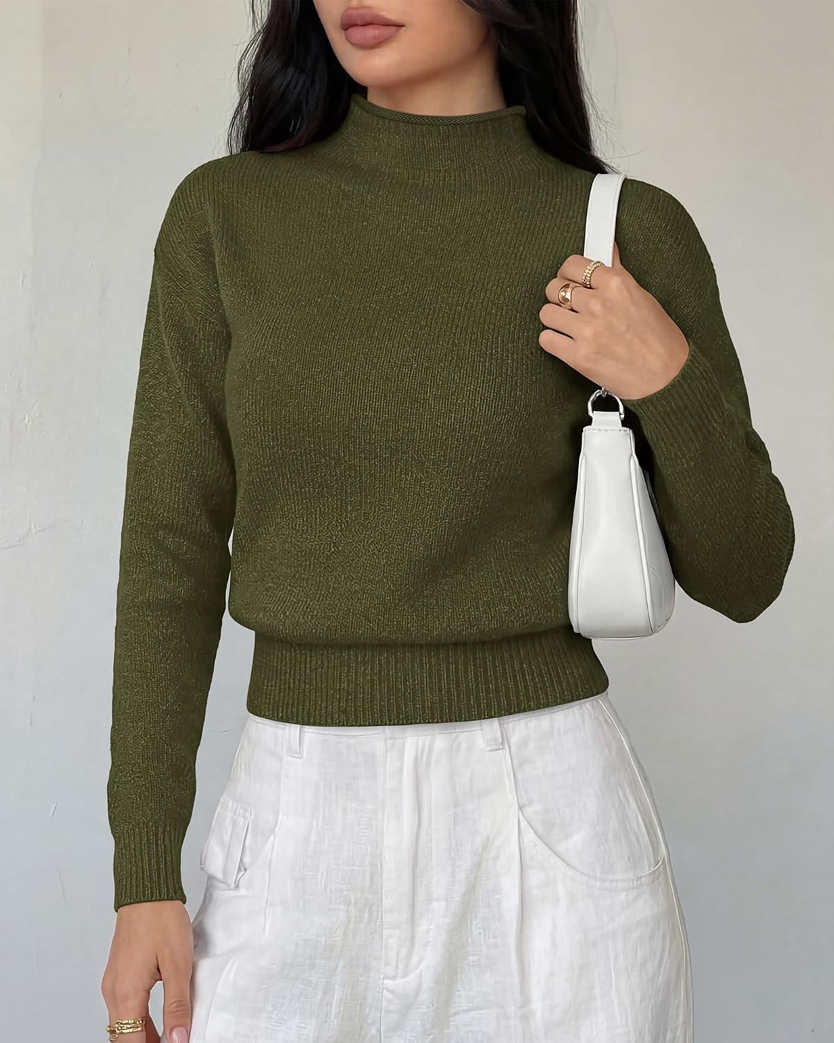 image:imageBTFBM Womens Long Sleeve Sweaters Mock Neck Tops Lightweight Knit Pullover SweaterBasic Classic Daily Wear 2026 Fall FashionWinter Layer ClothesBusiness Casual OutfitsArmy Green