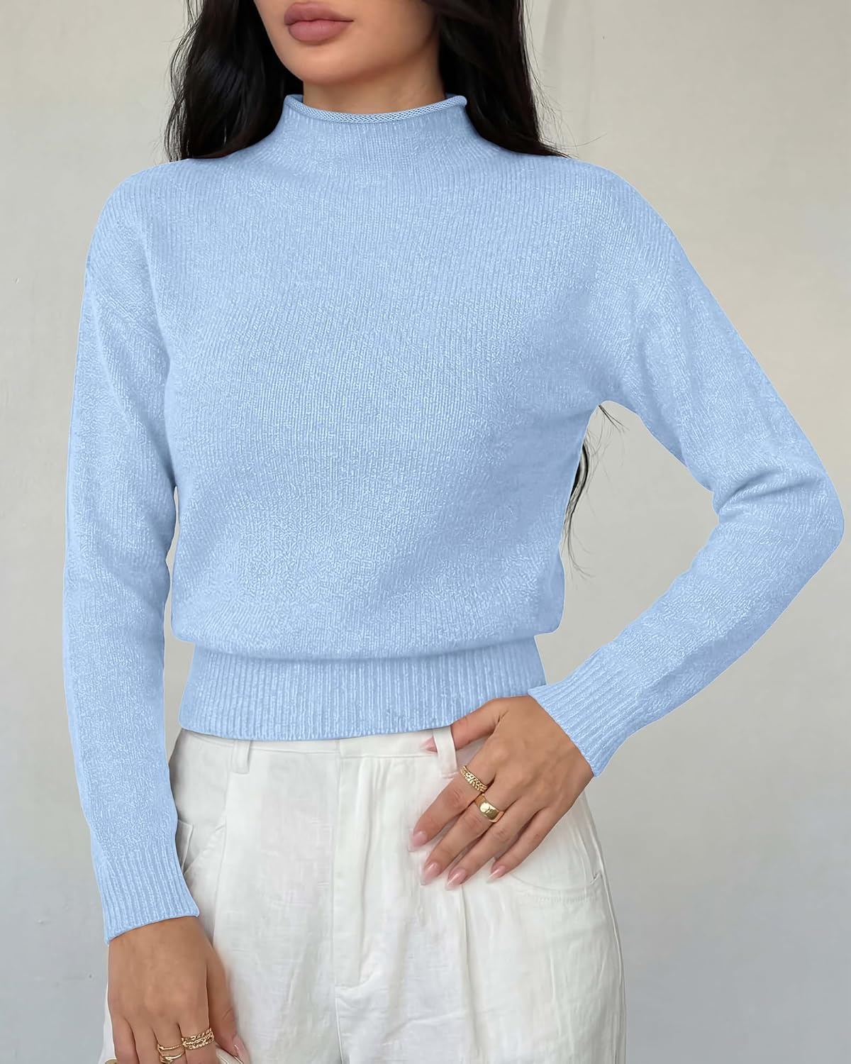image:imageBTFBM Womens Long Sleeve Sweaters Mock Neck Tops Lightweight Knit Pullover SweaterBasic Classic Daily Wear 2026 Fall FashionWinter Layer ClothesBusiness Casual OutfitsBlue