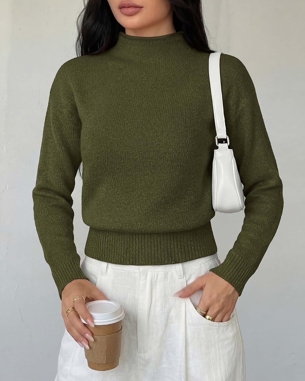 image:imageBTFBM Womens Long Sleeve Sweaters Mock Neck Tops Lightweight Knit Pullover SweaterBasic Classic Daily Wear 2026 Fall FashionWinter Layer ClothesBusiness Casual OutfitsArmy Green