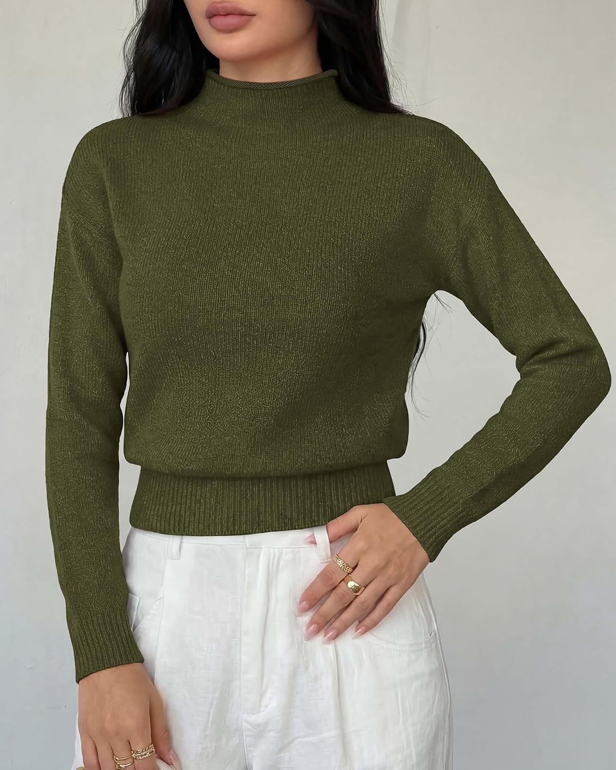 image:imageBTFBM Womens Long Sleeve Sweaters Mock Neck Tops Lightweight Knit Pullover SweaterBasic Classic Daily Wear 2026 Fall FashionWinter Layer ClothesBusiness Casual OutfitsArmy Green