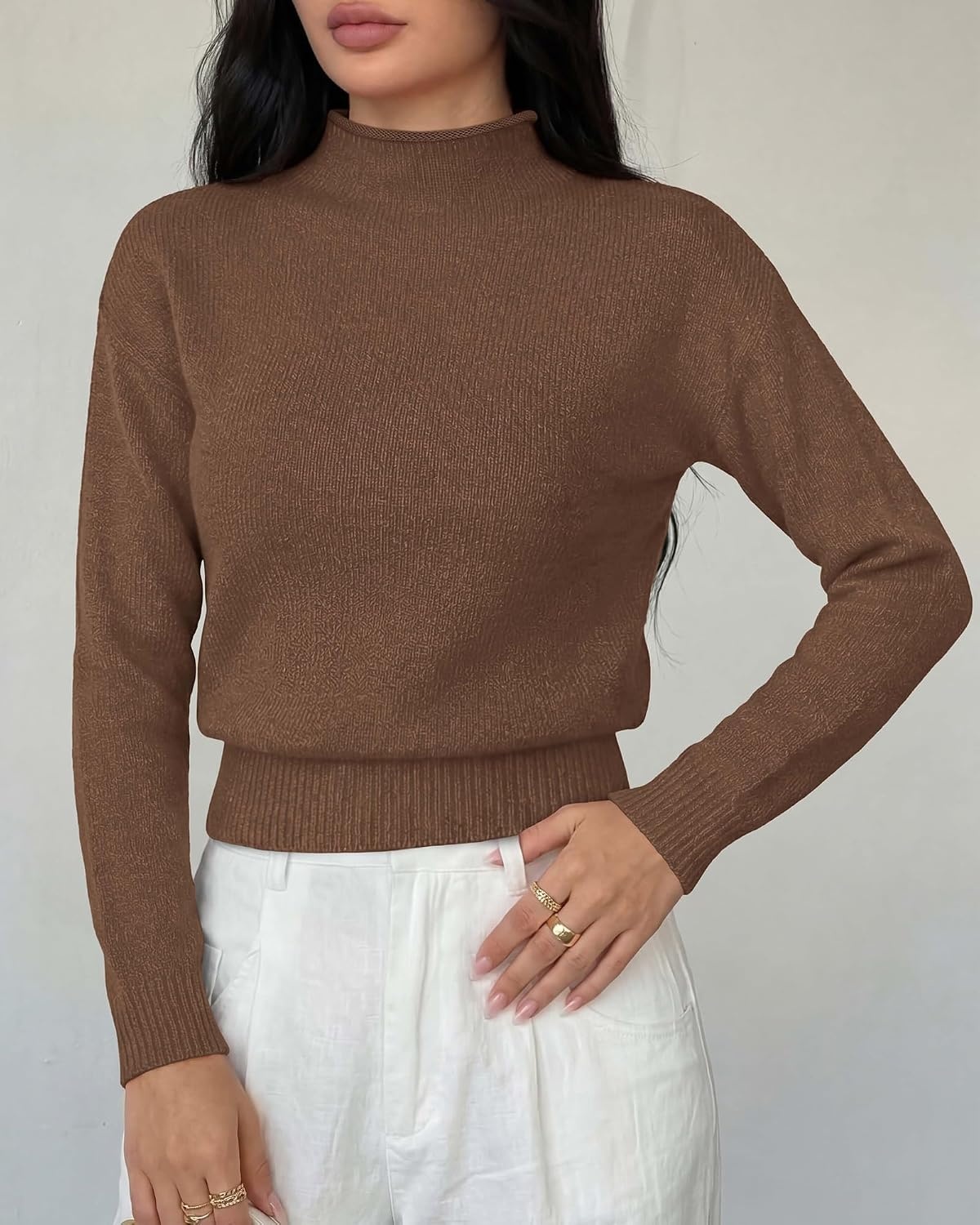 image:imageBTFBM Womens Long Sleeve Sweaters Mock Neck Tops Lightweight Knit Pullover SweaterBasic Classic Daily Wear 2026 Fall FashionWinter Layer ClothesBusiness Casual OutfitsBrown