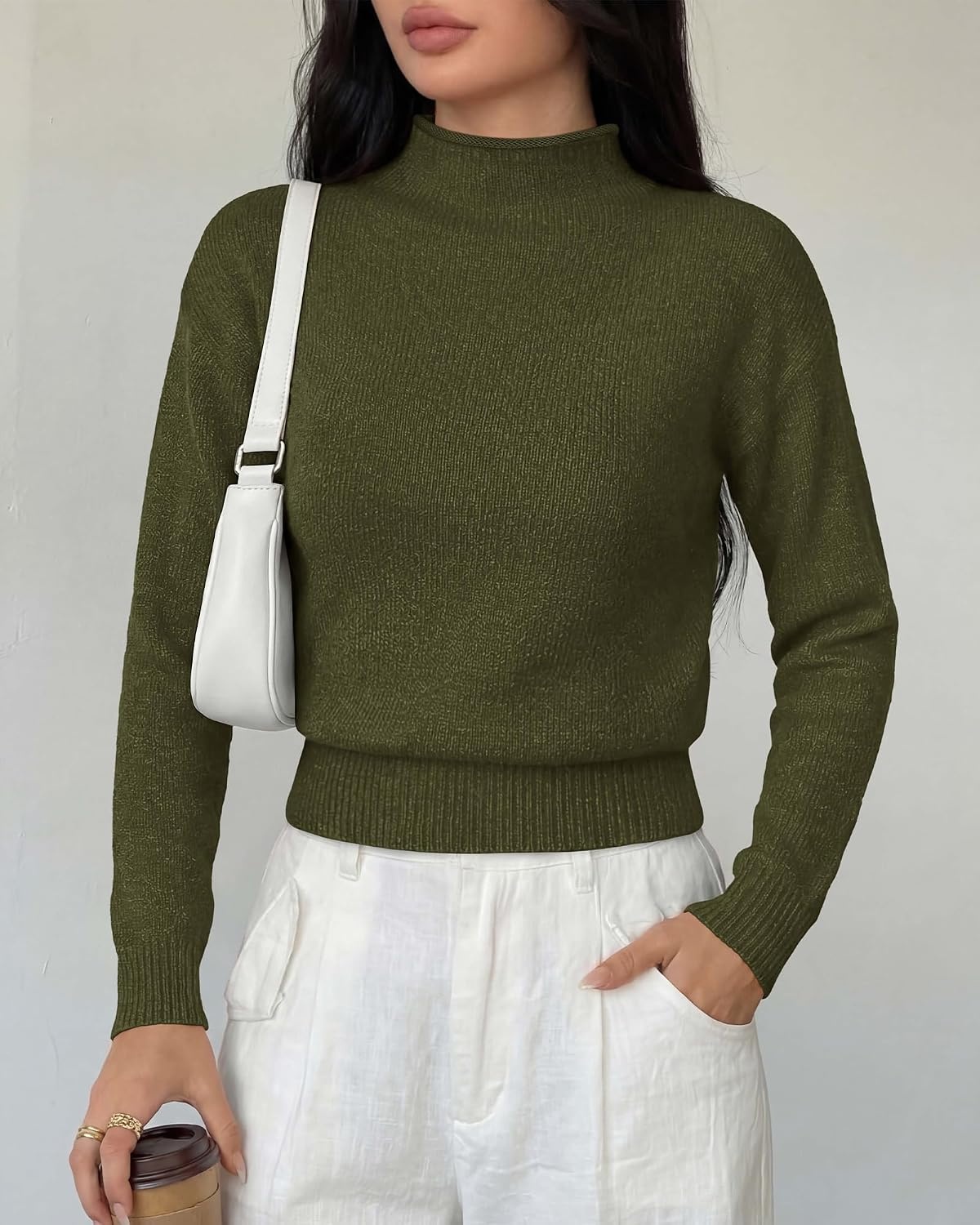 image:imageBTFBM Womens Long Sleeve Sweaters Mock Neck Tops Lightweight Knit Pullover SweaterBasic Classic Daily Wear 2026 Fall FashionWinter Layer ClothesBusiness Casual OutfitsArmy Green