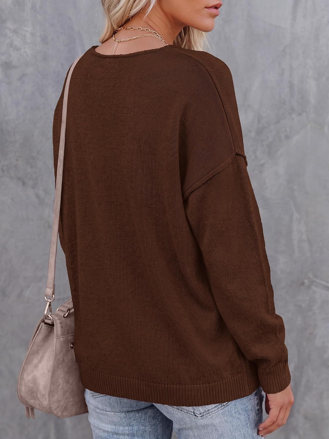 image:imageBTFBM Womens Loose Knitted Casual Sweaters V Neck Pullover Tops Oversized Long Sleeve Sweater Slouchy Halloween Christmas Holiday Outfits Fall Winter Clothes 2026Brown