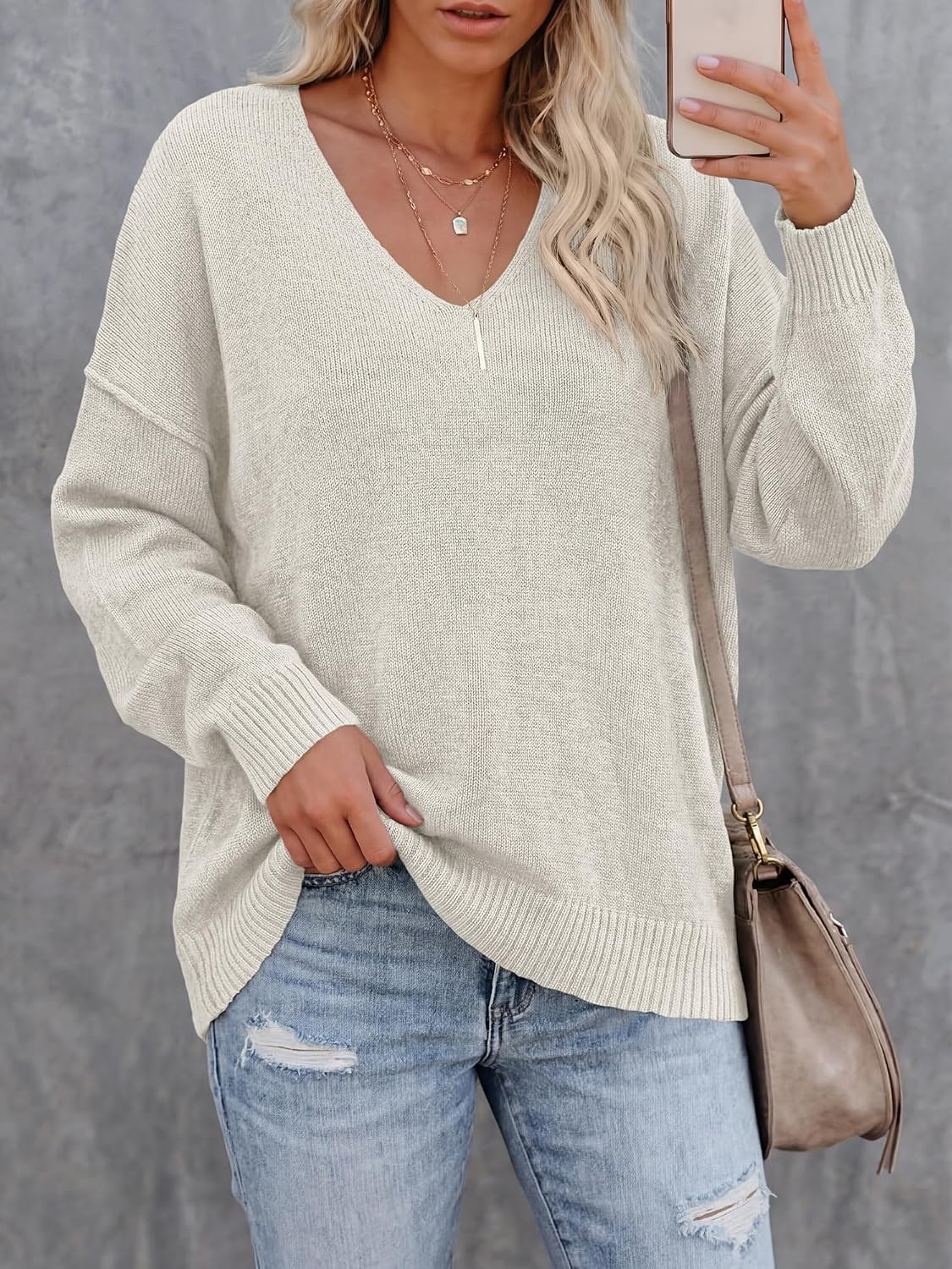 image:imageBTFBM Womens Loose Knitted Casual Sweaters V Neck Pullover Tops Oversized Long Sleeve Sweater Slouchy Halloween Christmas Holiday Outfits Fall Winter Clothes 2026White