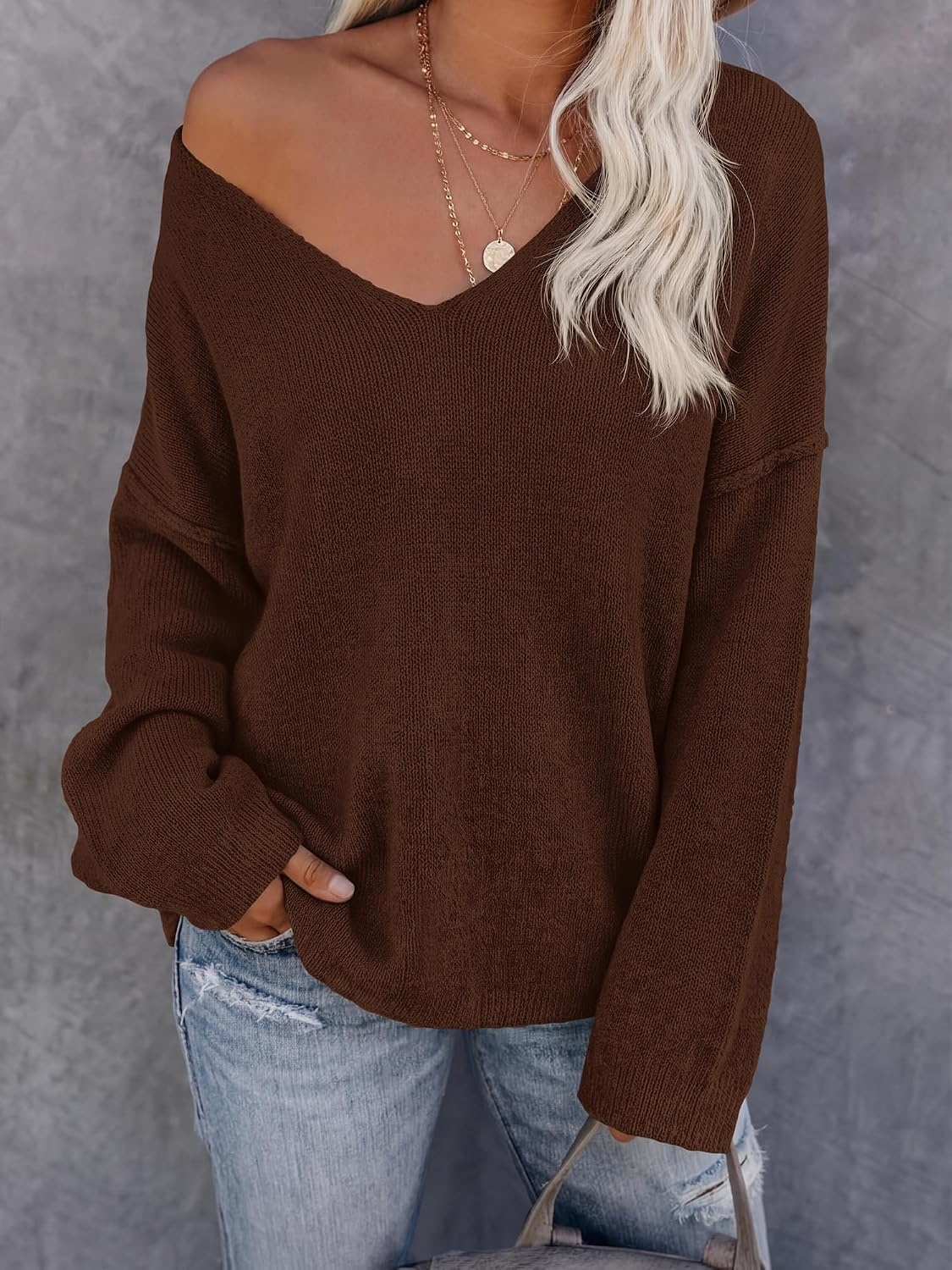 image:imageBTFBM Womens Loose Knitted Casual Sweaters V Neck Pullover Tops Oversized Long Sleeve Sweater Slouchy Halloween Christmas Holiday Outfits Fall Winter Clothes 2026Brown