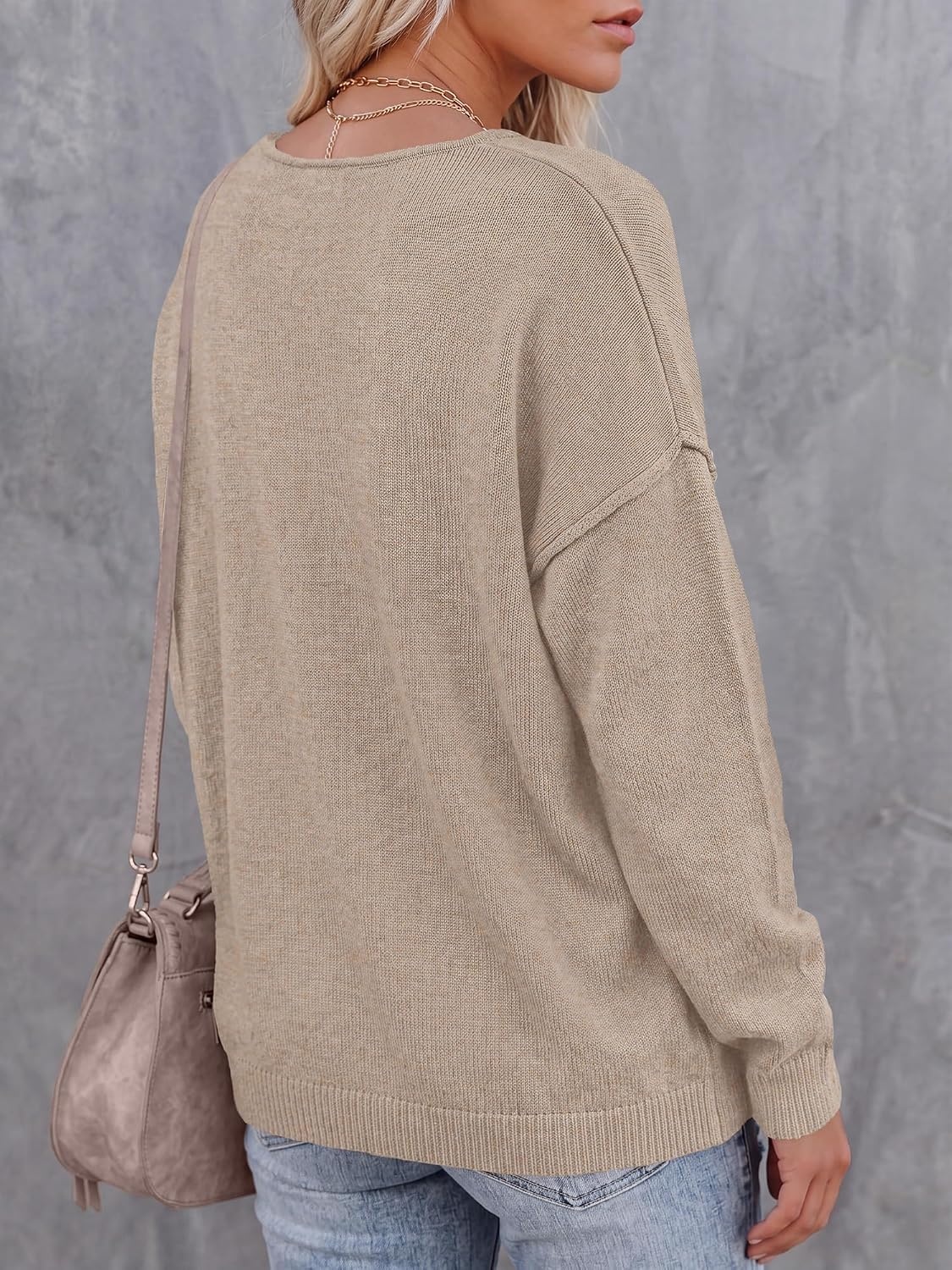 image:imageBTFBM Womens Loose Knitted Casual Sweaters V Neck Pullover Tops Oversized Long Sleeve Sweater Slouchy Halloween Christmas Holiday Outfits Fall Winter Clothes 2026Khaki