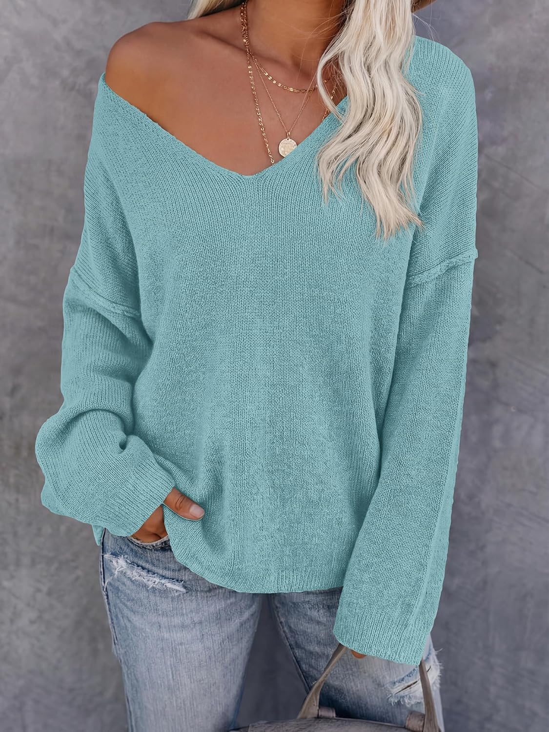 image:imageBTFBM Womens Loose Knitted Casual Sweaters V Neck Pullover Tops Oversized Long Sleeve Sweater Slouchy Halloween Christmas Holiday Outfits Fall Winter Clothes 2026Light Blue