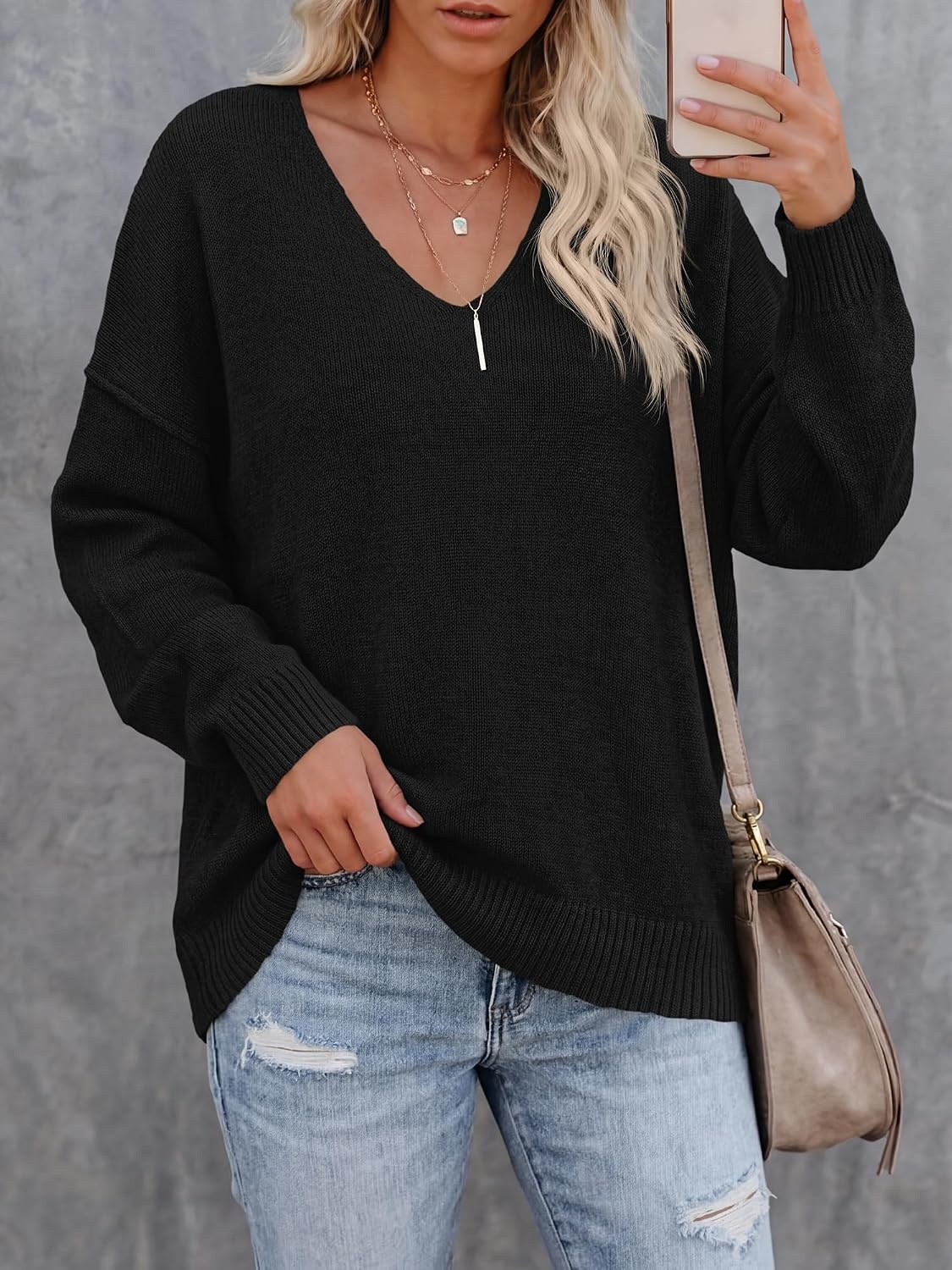 image:imageBTFBM Womens Loose Knitted Casual Sweaters V Neck Pullover Tops Oversized Long Sleeve Sweater Slouchy Halloween Christmas Holiday Outfits Fall Winter Clothes 2026Black