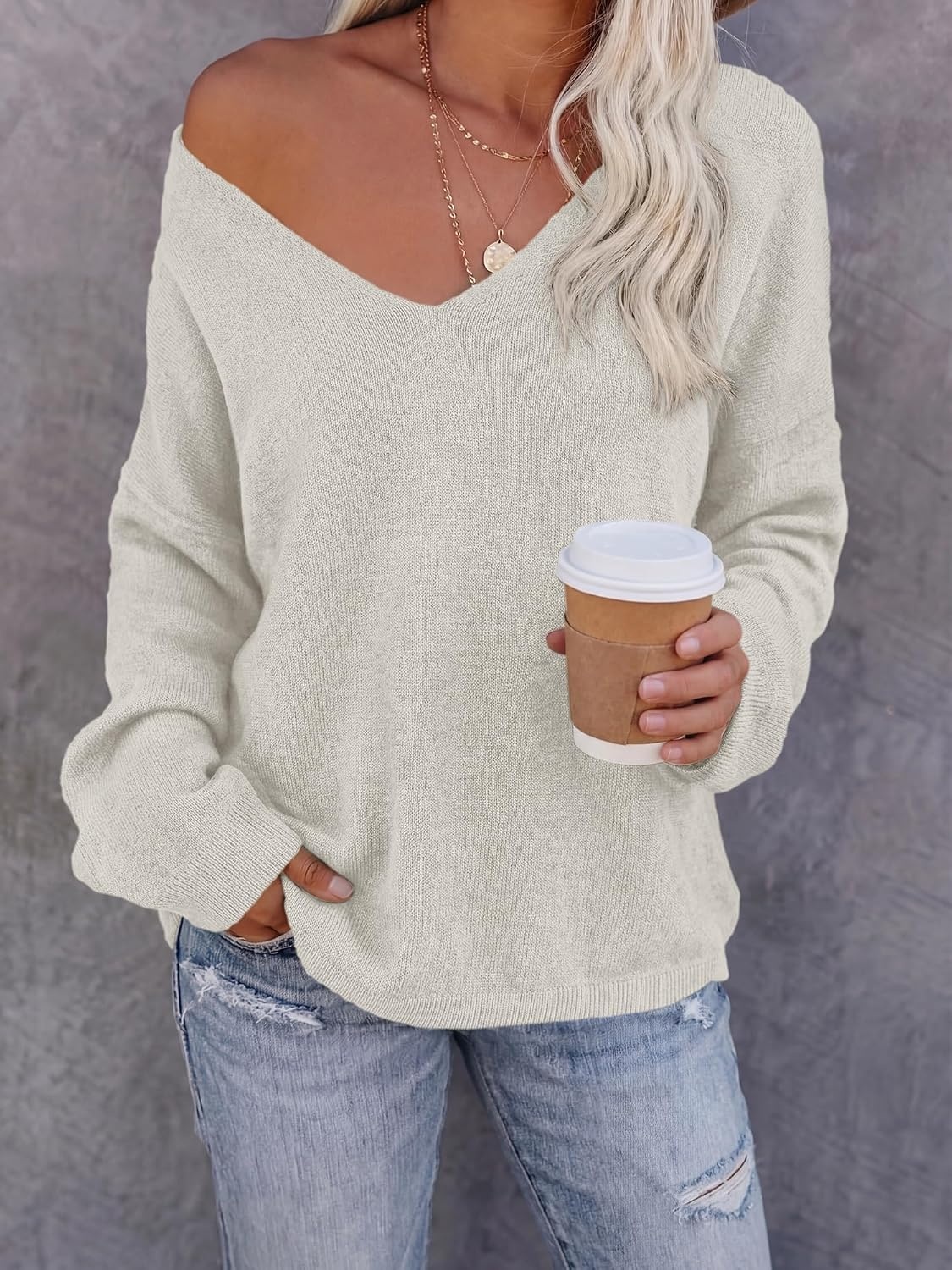 image:imageBTFBM Womens Loose Knitted Casual Sweaters V Neck Pullover Tops Oversized Long Sleeve Sweater Slouchy Halloween Christmas Holiday Outfits Fall Winter Clothes 2026White