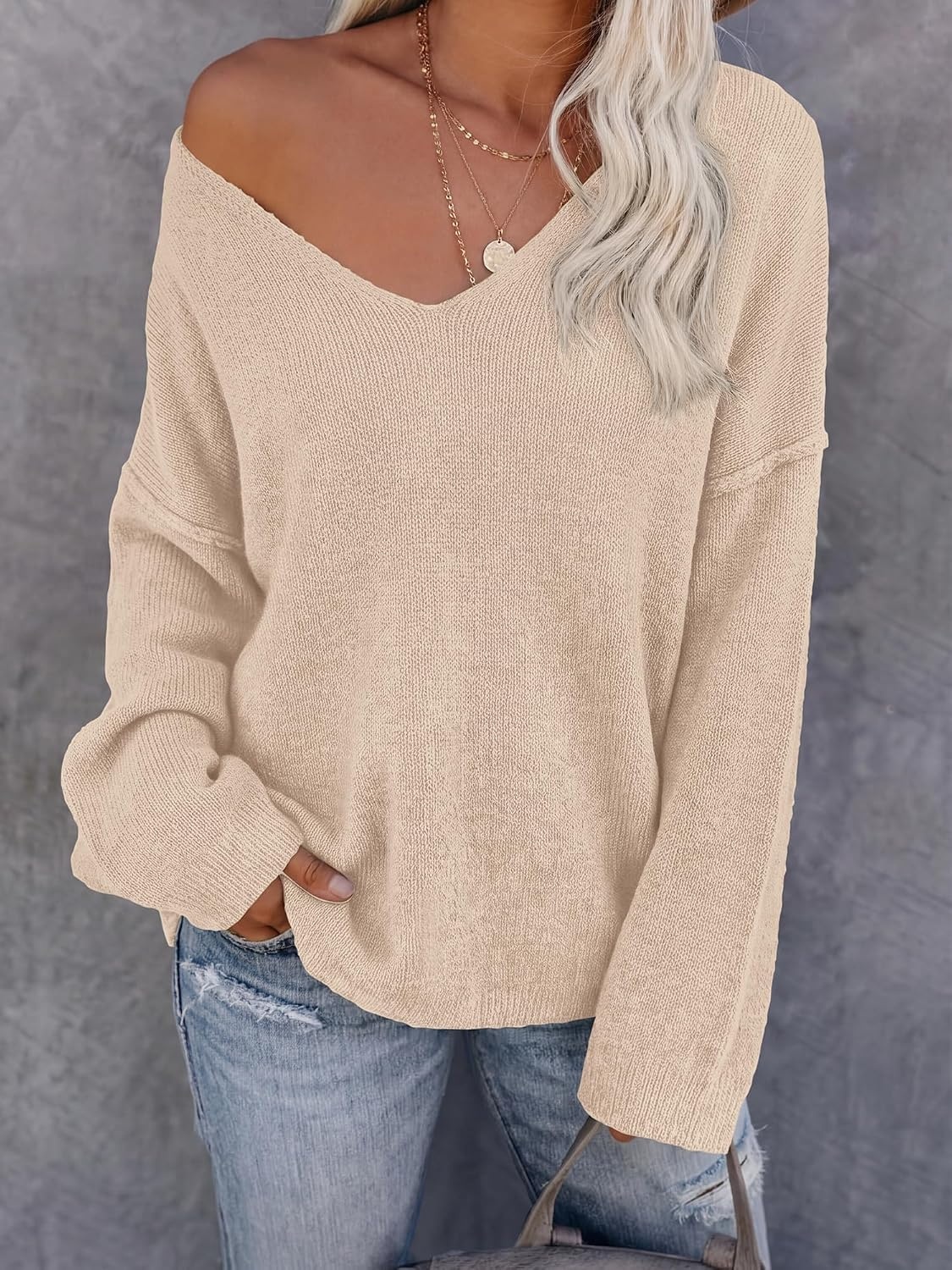 image:imageBTFBM Womens Loose Knitted Casual Sweaters V Neck Pullover Tops Oversized Long Sleeve Sweater Slouchy Halloween Christmas Holiday Outfits Fall Winter Clothes 2026Beige