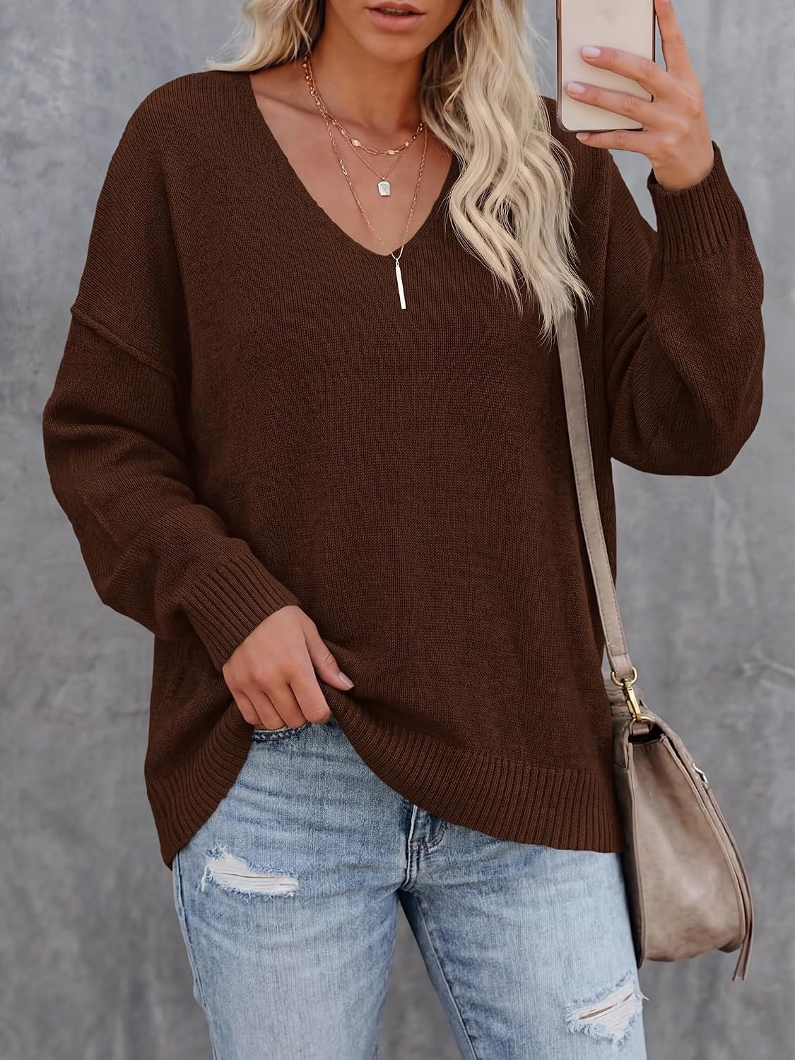 image:imageBTFBM Womens Loose Knitted Casual Sweaters V Neck Pullover Tops Oversized Long Sleeve Sweater Slouchy Halloween Christmas Holiday Outfits Fall Winter Clothes 2026Brown