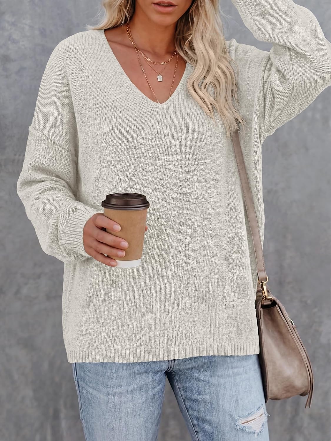 image:imageBTFBM Womens Loose Knitted Casual Sweaters V Neck Pullover Tops Oversized Long Sleeve Sweater Slouchy Halloween Christmas Holiday Outfits Fall Winter Clothes 2026White