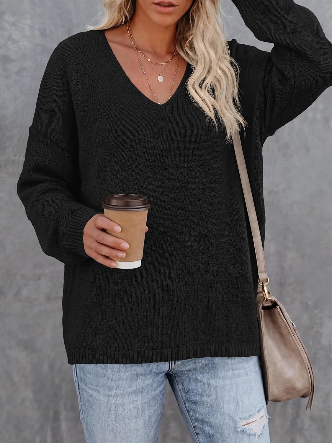 image:imageBTFBM Womens Loose Knitted Casual Sweaters V Neck Pullover Tops Oversized Long Sleeve Sweater Slouchy Halloween Christmas Holiday Outfits Fall Winter Clothes 2026Black