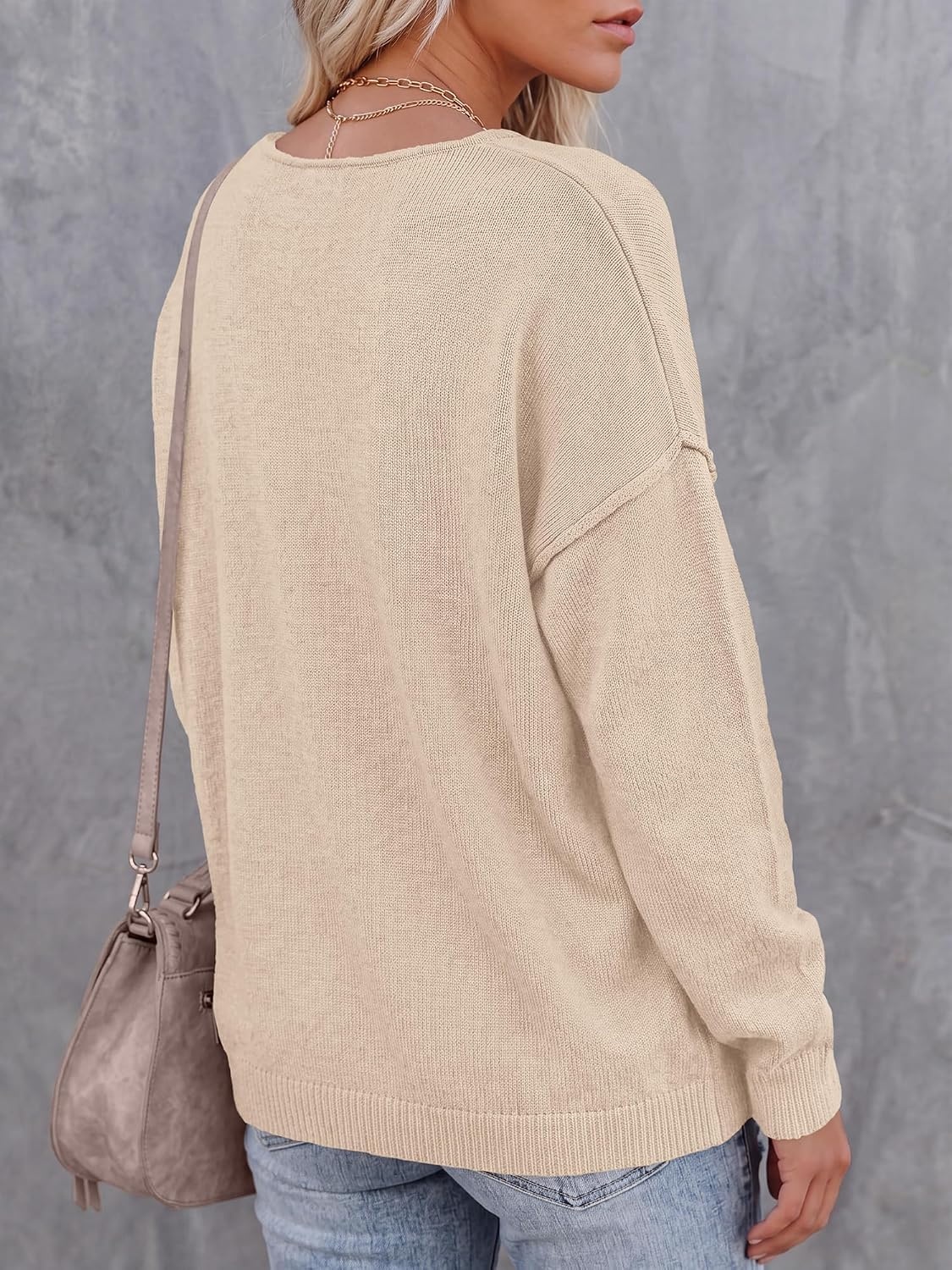 image:imageBTFBM Womens Loose Knitted Casual Sweaters V Neck Pullover Tops Oversized Long Sleeve Sweater Slouchy Halloween Christmas Holiday Outfits Fall Winter Clothes 2026Beige