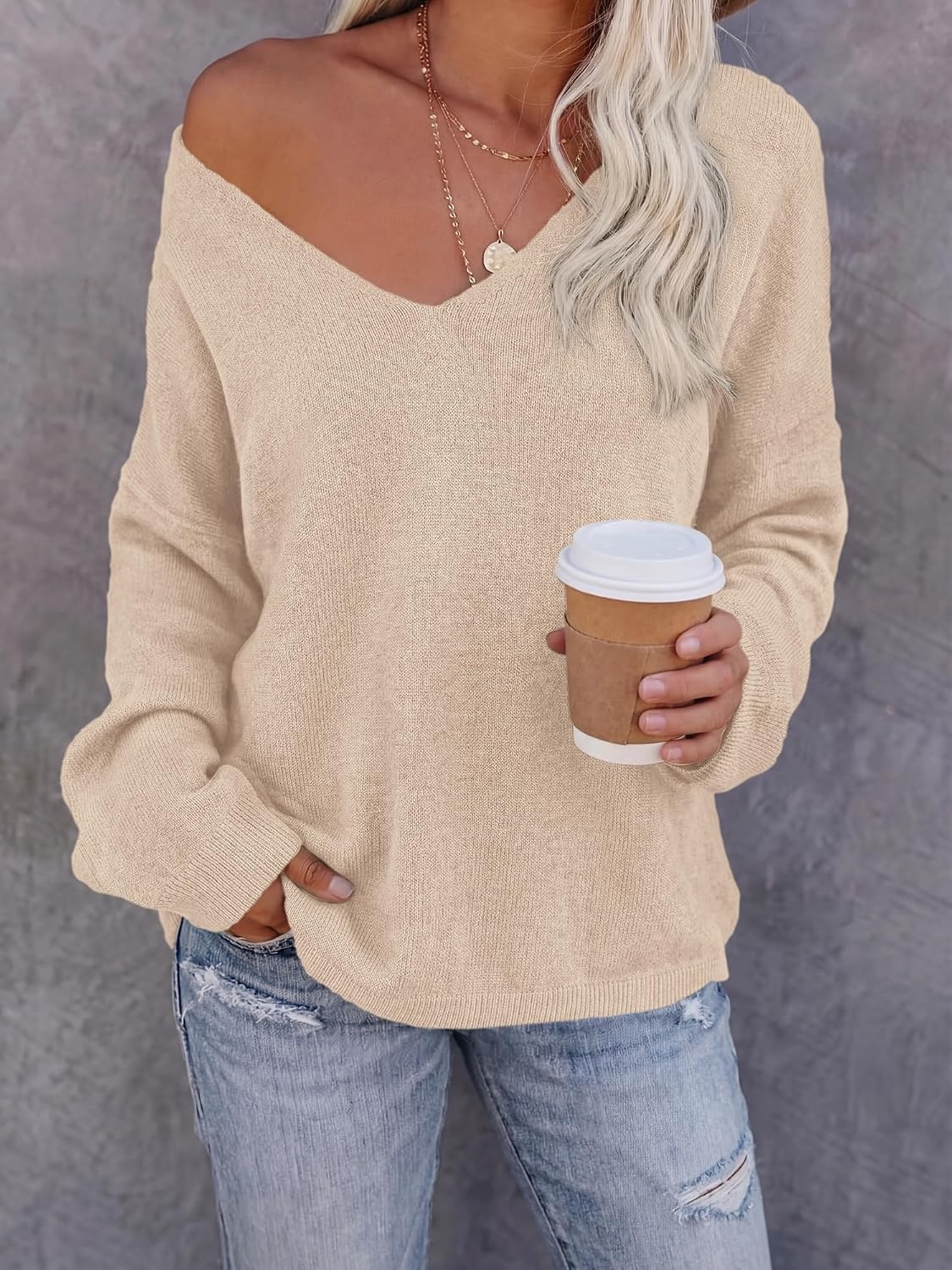 image:imageBTFBM Womens Loose Knitted Casual Sweaters V Neck Pullover Tops Oversized Long Sleeve Sweater Slouchy Halloween Christmas Holiday Outfits Fall Winter Clothes 2026Beige