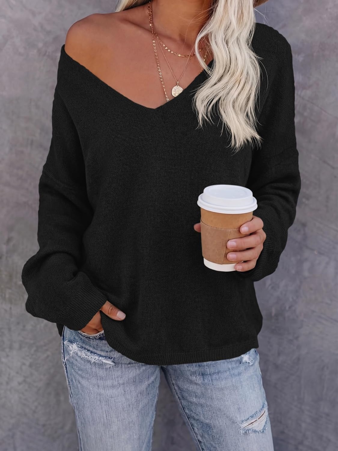 image:imageBTFBM Womens Loose Knitted Casual Sweaters V Neck Pullover Tops Oversized Long Sleeve Sweater Slouchy Halloween Christmas Holiday Outfits Fall Winter Clothes 2026Black
