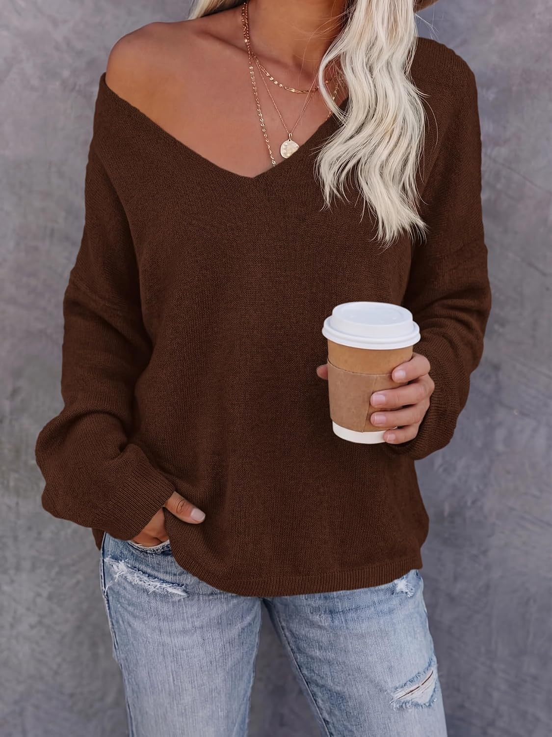 image:imageBTFBM Womens Loose Knitted Casual Sweaters V Neck Pullover Tops Oversized Long Sleeve Sweater Slouchy Halloween Christmas Holiday Outfits Fall Winter Clothes 2026Brown