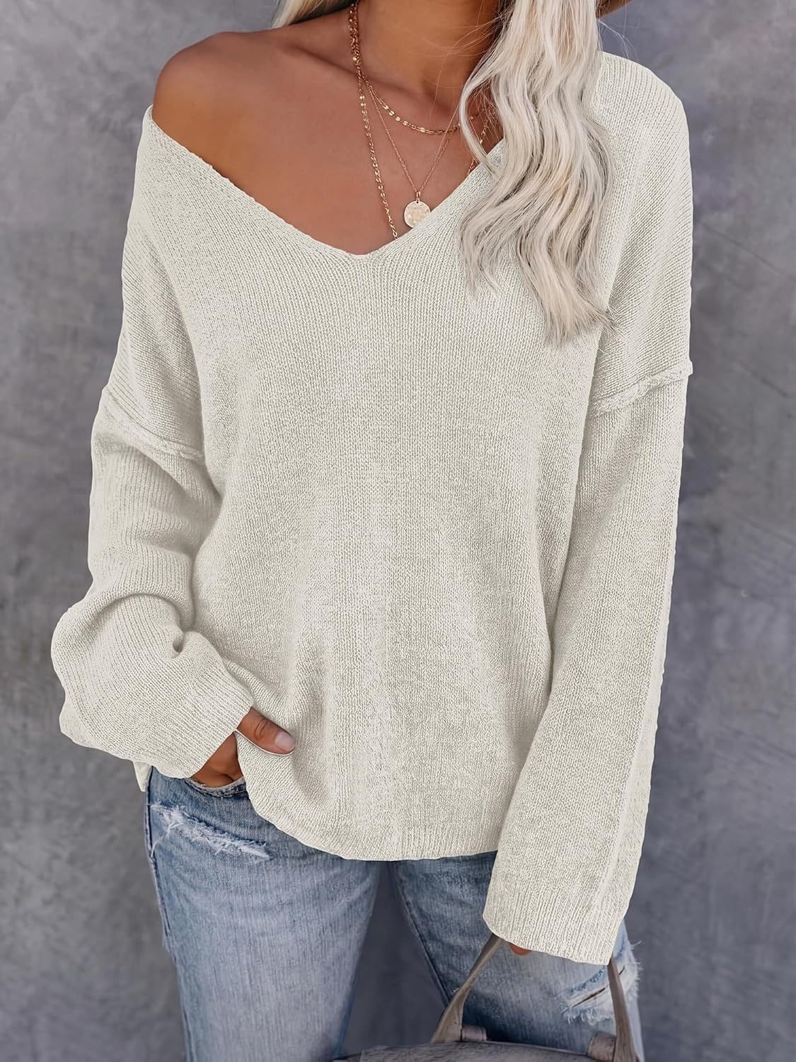 image:imageBTFBM Womens Loose Knitted Casual Sweaters V Neck Pullover Tops Oversized Long Sleeve Sweater Slouchy Halloween Christmas Holiday Outfits Fall Winter Clothes 2026White