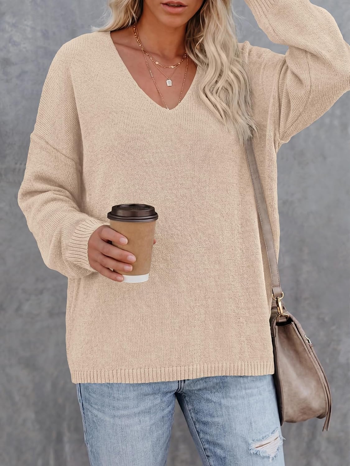 image:imageBTFBM Womens Loose Knitted Casual Sweaters V Neck Pullover Tops Oversized Long Sleeve Sweater Slouchy Halloween Christmas Holiday Outfits Fall Winter Clothes 2026Beige