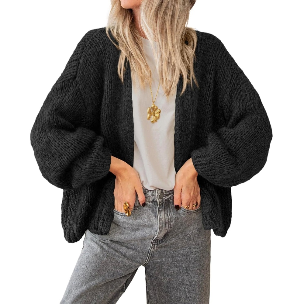 image:imageBTFBM Cardigan Sweaters for Women Fall Fashion Clothes 2026 No Button No Pocket Design Chunky Knit Open Front Cardigans Ribbed Cuff Long Sleeve Sweater Loose Winter Coat ClothingBlack