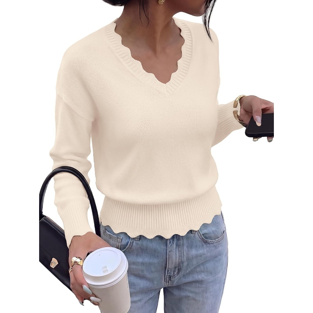 image:imageBTFBM Fall Long Sleeve Sweaters for Women  V NeckDrop ShouldersScallop EdgesLightweight Knit Sweaters TopDaily WearHolidayChristmasWinter Clothing 2026Beige