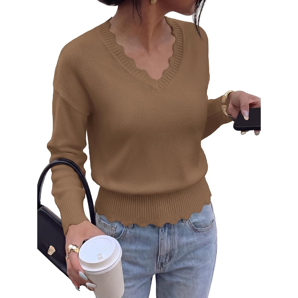 image:imageBTFBM Fall Long Sleeve Sweaters for Women  V NeckDrop ShouldersScallop EdgesLightweight Knit Sweaters TopDaily WearHolidayChristmasWinter Clothing 2026Camel