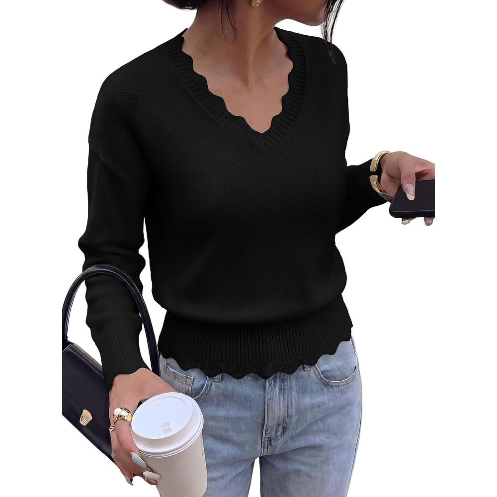 image:imageBTFBM Fall Long Sleeve Sweaters for Women  V NeckDrop ShouldersScallop EdgesLightweight Knit Sweaters TopDaily WearHolidayChristmasWinter Clothing 2026Black