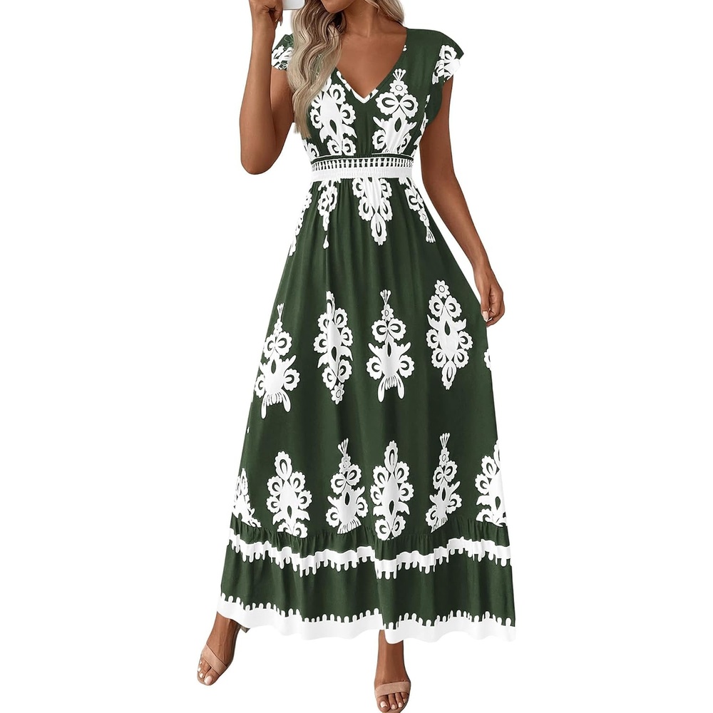 image:imageBTFBM Summer Dresses for Women Beach Fashion Floral Short Sleeve V Neck Boho Long Wedding Guest Maxi Dress SpringFloral Army Green White