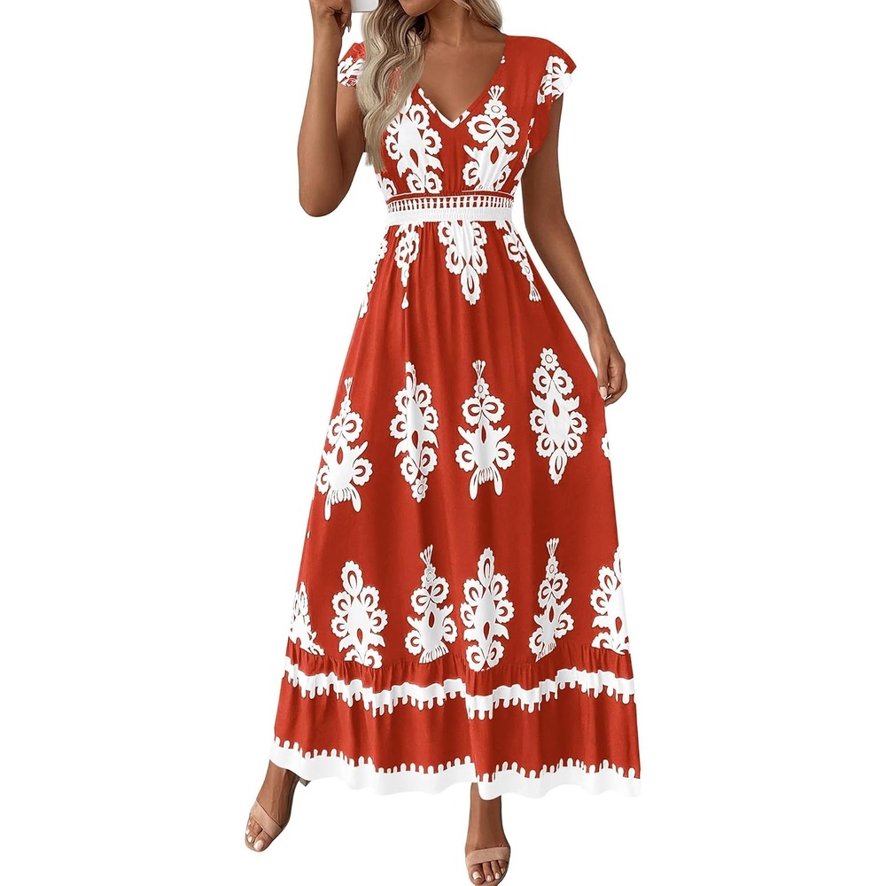 image:imageBTFBM Summer Dresses for Women Beach Fashion Floral Short Sleeve V Neck Boho Long Wedding Guest Maxi Dress SpringFloral Brick Red White