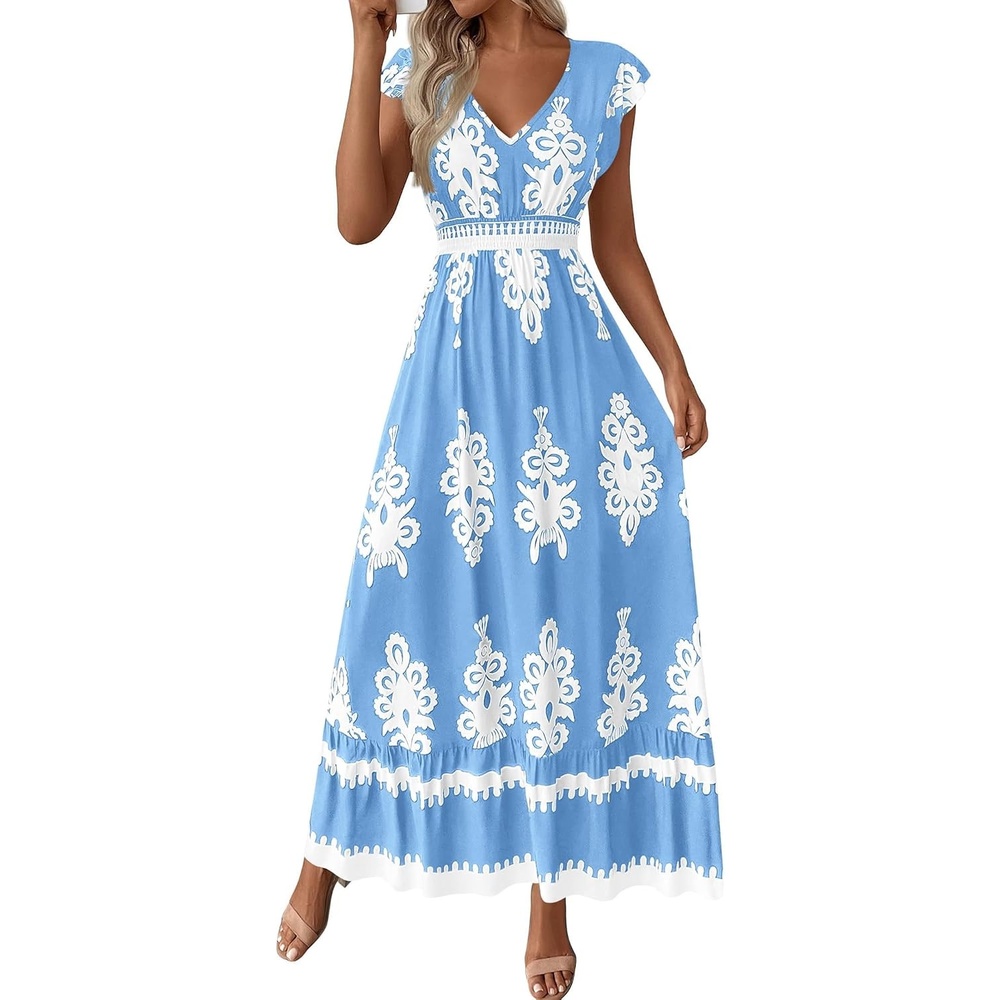 image:imageBTFBM Summer Dresses for Women Beach Fashion Floral Short Sleeve V Neck Boho Long Wedding Guest Maxi Dress SpringFloral Light Blue White