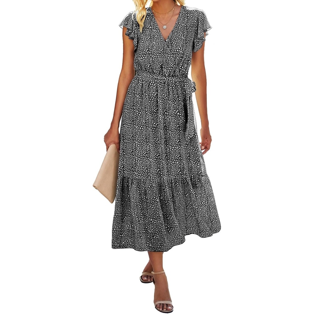 image:imageBTFBM Women Summer Bohemian Floral Casual Wrap V Neck Ruffle Cap Sleeveless Belt ALine Pleated Hem Midi Sun Dress White Fall Swiss Dots Aline Long Wedding Guest DressesElegant Floral Boho Sundress With PocketsSpring Beach Vacation ClothesBlack