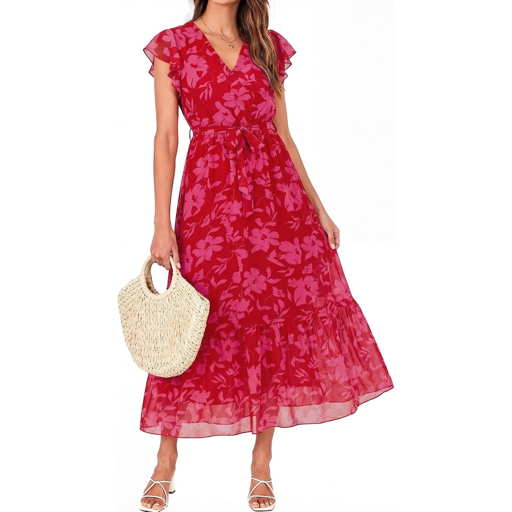 image:imageBTFBM Women Summer Bohemian Floral Casual Wrap V Neck Ruffle Cap Sleeveless Belt ALine Pleated Hem Midi Sun Dress White  Fall Swiss Dots Aline Long Wedding Guest DressesElegant Floral Boho Sundress With PocketsSpring Beach Vacation ClothesRed Big Floral