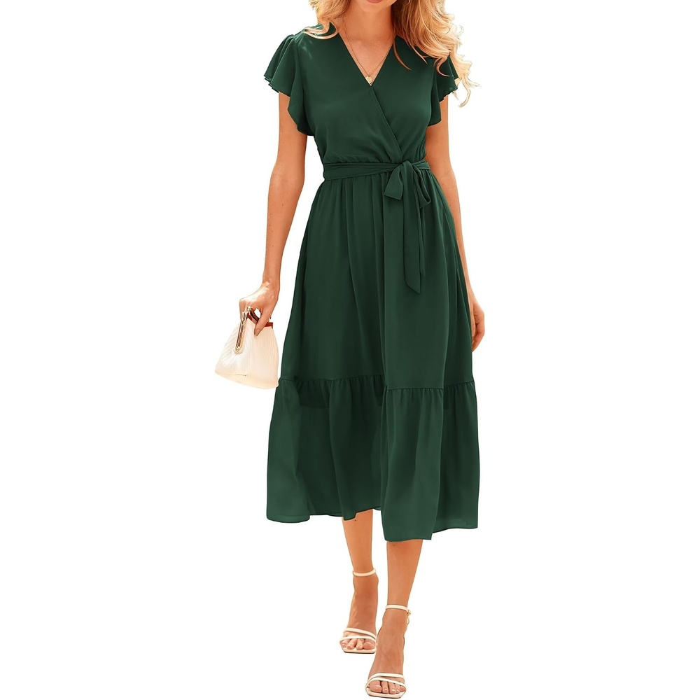 image:imageBTFBM Women Summer Bohemian Floral Casual Wrap V Neck Ruffle Cap Sleeveless Belt ALine Pleated Hem Midi Sun Dress White  Fall Swiss Dots Aline Long Wedding Guest DressesElegant Floral Boho Sundress With PocketsSpring Beach Vacation ClothesSolid Dark Green
