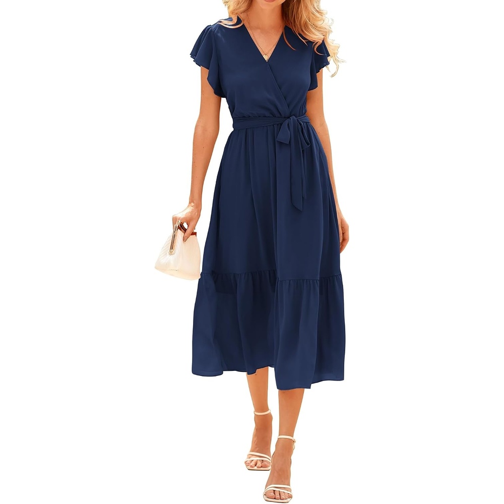 image:imageBTFBM Women Summer Bohemian Floral Casual Wrap V Neck Ruffle Cap Sleeveless Belt ALine Pleated Hem Midi Sun Dress White Fall Swiss Dots Aline Long Wedding Guest DressesElegant Floral Boho Sundress With PocketsSpring Beach Vacation ClothesSolid Navy