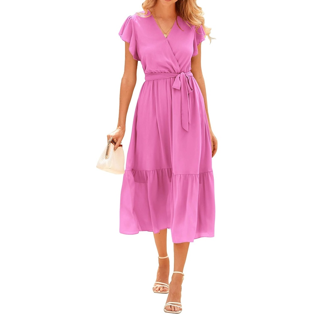 image:imageBTFBM Women Summer Bohemian Floral Casual Wrap V Neck Ruffle Cap Sleeveless Belt ALine Pleated Hem Midi Sun Dress White Fall Swiss Dots Aline Long Wedding Guest DressesElegant Floral Boho Sundress With PocketsSpring Beach Vacation ClothesSolid Rose Pink