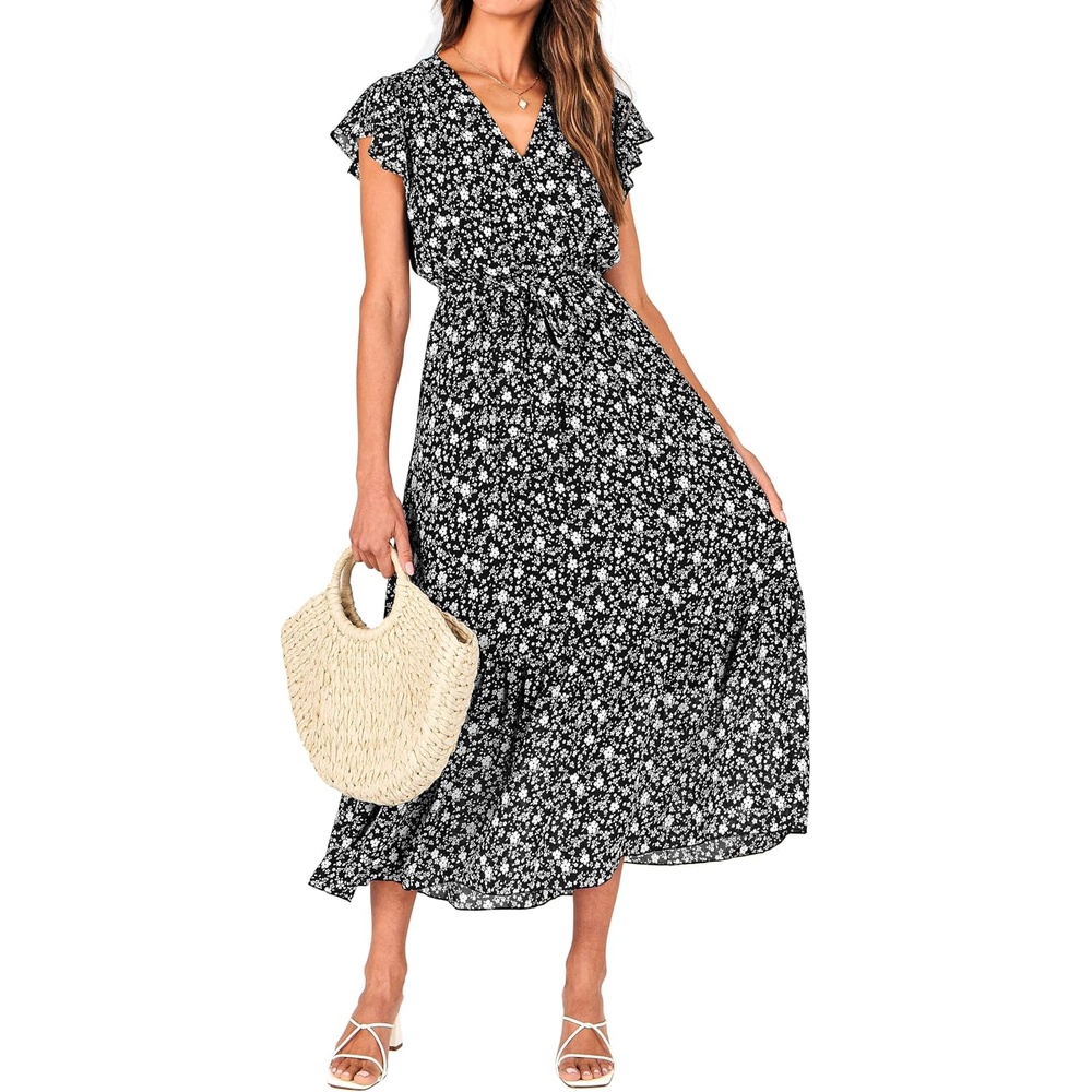 image:imageBTFBM Women Summer Bohemian Floral Casual Wrap V Neck Ruffle Cap Sleeveless Belt ALine Pleated Hem Midi Sun Dress White  Fall Swiss Dots Aline Long Wedding Guest DressesElegant Floral Boho Sundress With PocketsSpring Beach Vacation ClothesFloral White Black