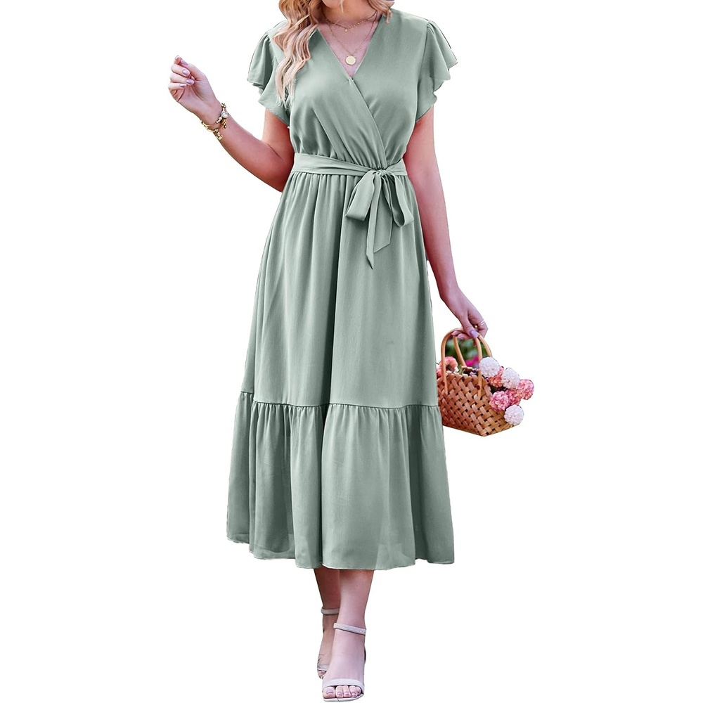 image:imageBTFBM Women Summer Bohemian Floral Casual Wrap V Neck Ruffle Cap Sleeveless Belt ALine Pleated Hem Midi Sun Dress White Fall Swiss Dots Aline Long Wedding Guest DressesElegant Floral Boho Sundress With PocketsSpring Beach Vacation ClothesSolid Green