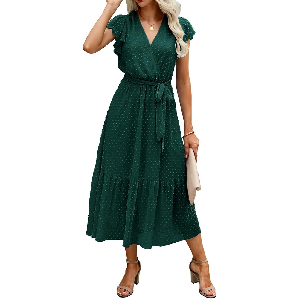 image:imageBTFBM Women Summer Bohemian Floral Casual Wrap V Neck Ruffle Cap Sleeveless Belt ALine Pleated Hem Midi Sun Dress White  Fall Swiss Dots Aline Long Wedding Guest DressesElegant Floral Boho Sundress With PocketsSpring Beach Vacation ClothesSwiss Dot Dark Green